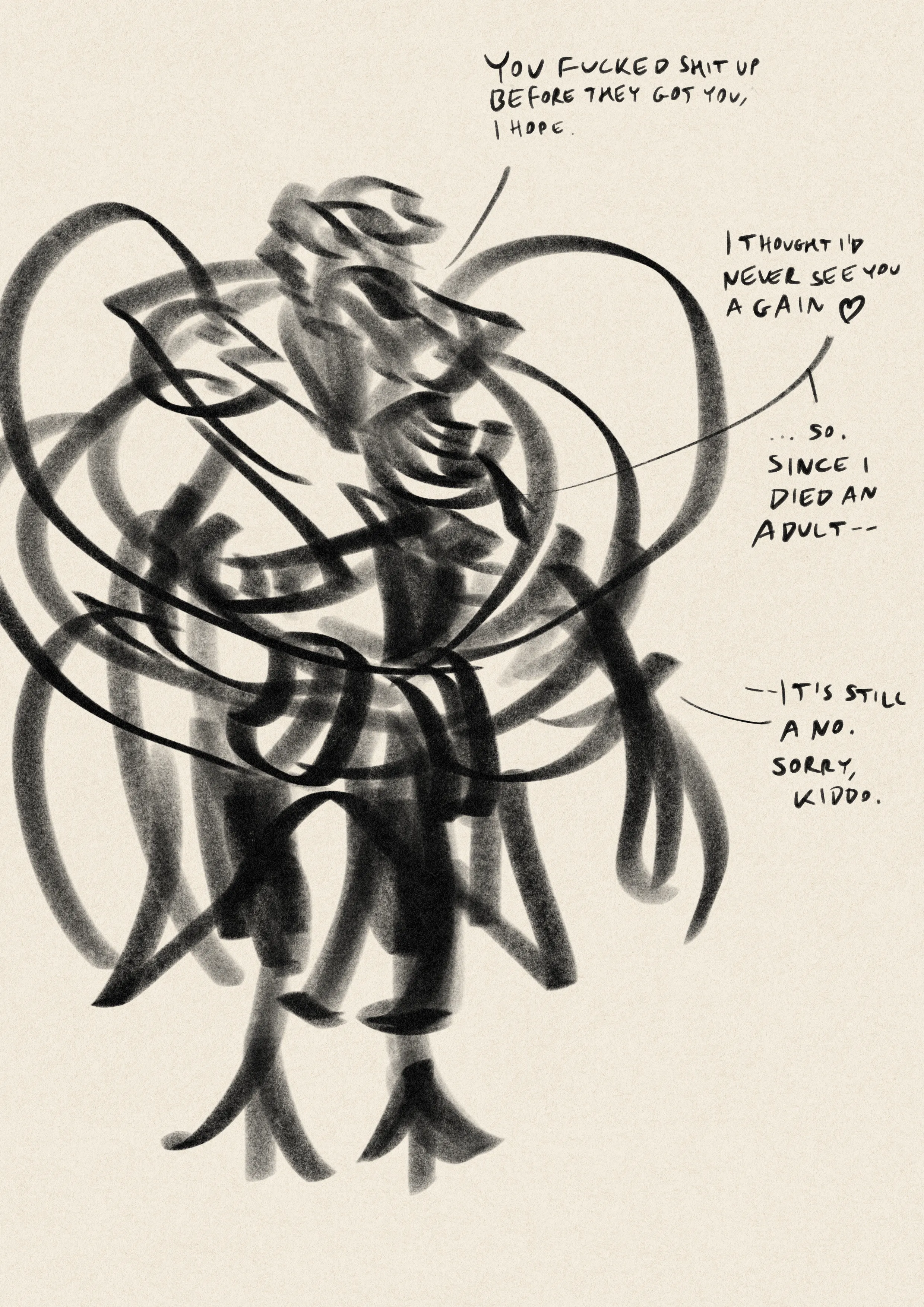 my hazbin ocs, max and mat. max is embracing mat in a hug, who is much smaller in stature and has literally been lifted off the ground to achieve this. max: you fucked shit up before they got you, i hope. mat: i thought i'd never see you again (heart) mat: ... so. since i died an adult-- max: it's still a no. sorry, kiddo.