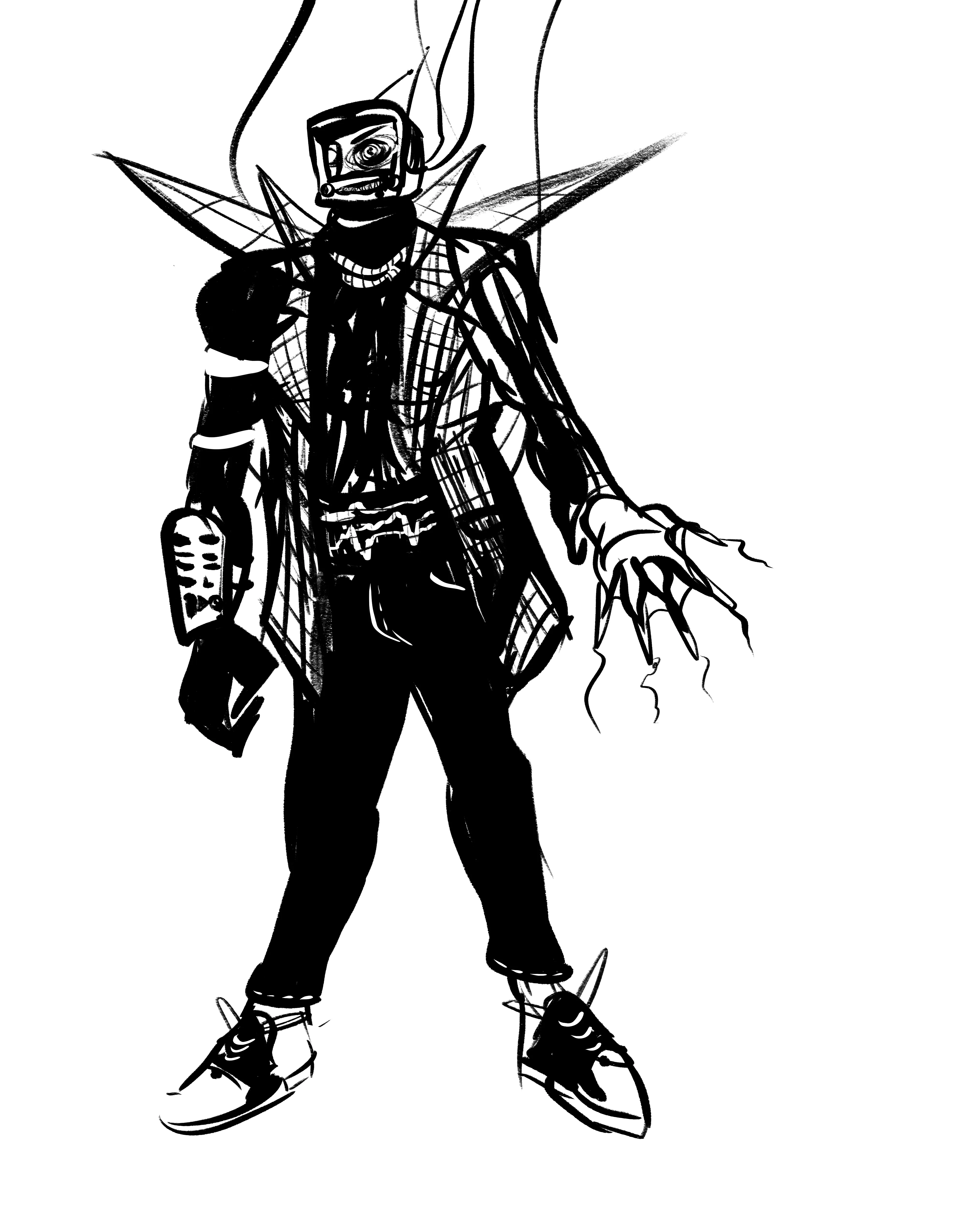 A black and white ink sketch redesign of Vox to be edgy, buff and vaguely 90s/y2k. He has a thick iMac style head with the speaker being his mouth, and spiky TV satellite shoulderpads. One arm has a power glove, the other has claws made from lightning. He has on a half-wrecked suit jacket giving big wrestling promoter vibes, and a chain necklace made from connection cables, as well as a cable knit sweater. He has a belt displaying live statistics (TV ratings) and skinny jeans.