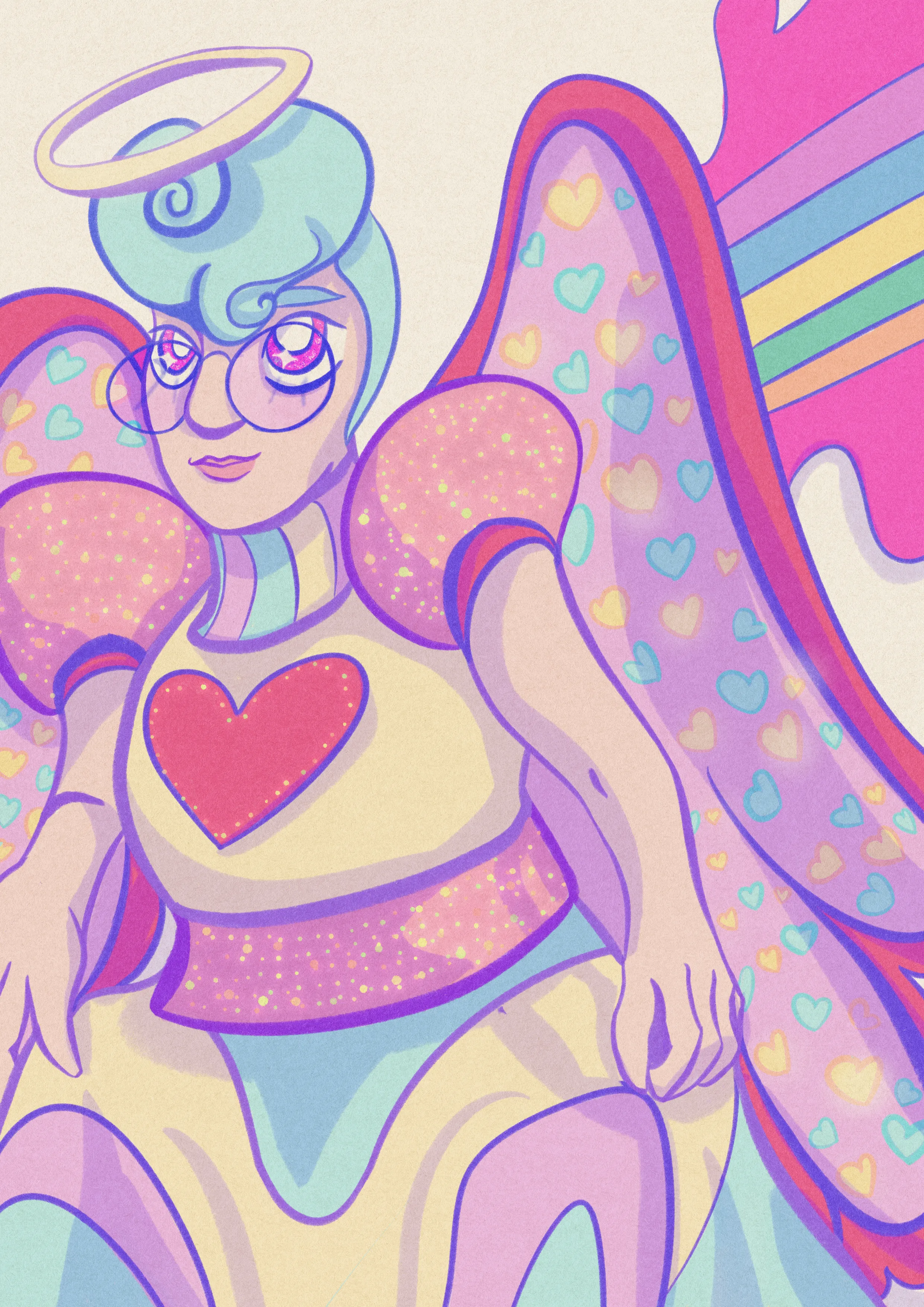 A gift for my partner, depicting their Hazbin Hotel angel OC, Harmony. Harmony has a pastel colour palette, a blue swirl for hair, big glasses and glowy rainbow wings.