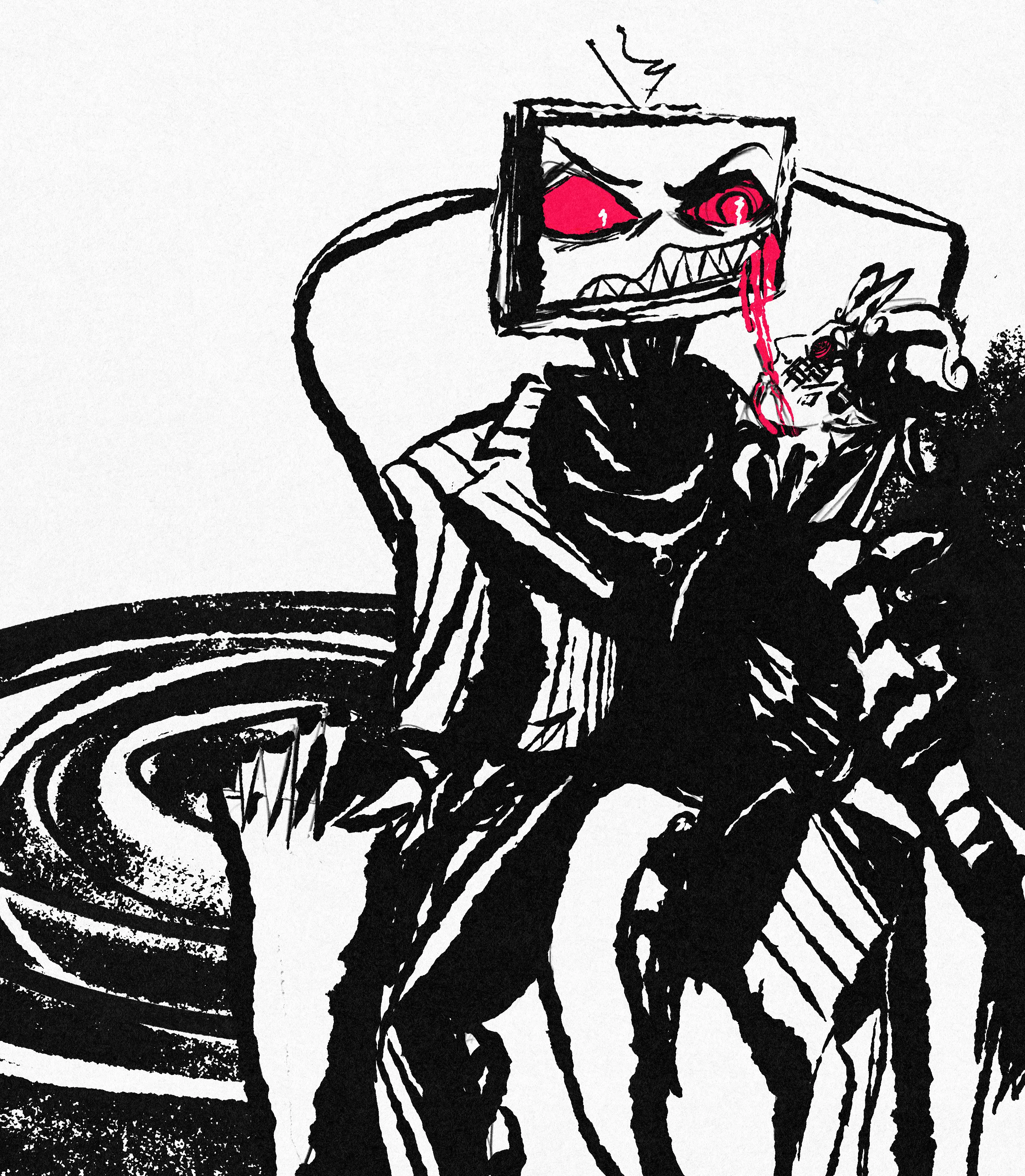 It's vox and my oc fisheye. He holds them in his lap on a chair, dribbling blood into their mouth from the dead pixels on his screen. They are transfixed by his hypnotic eye.