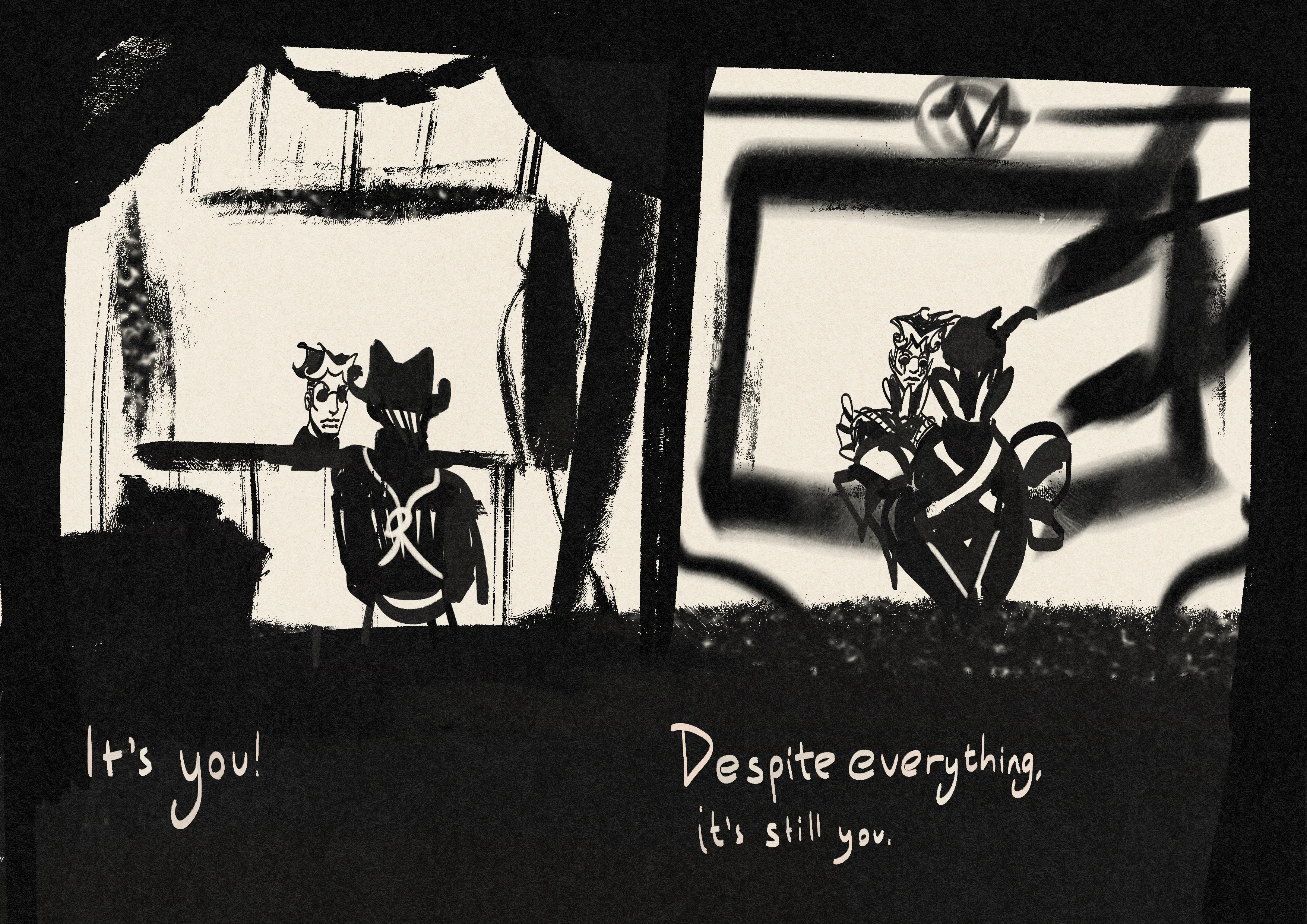 Two-panel comic page, akin to the Undertale scene. Mat looks in a mirror two times, once as themselves, and once as Fisheye. In the second mirror, Fisheye is on Vox's complex, with VoxTek logos and onlooking tentacles reaching out to them. The captions read: 'It's you!' and 'Despite everything, it's still you.'