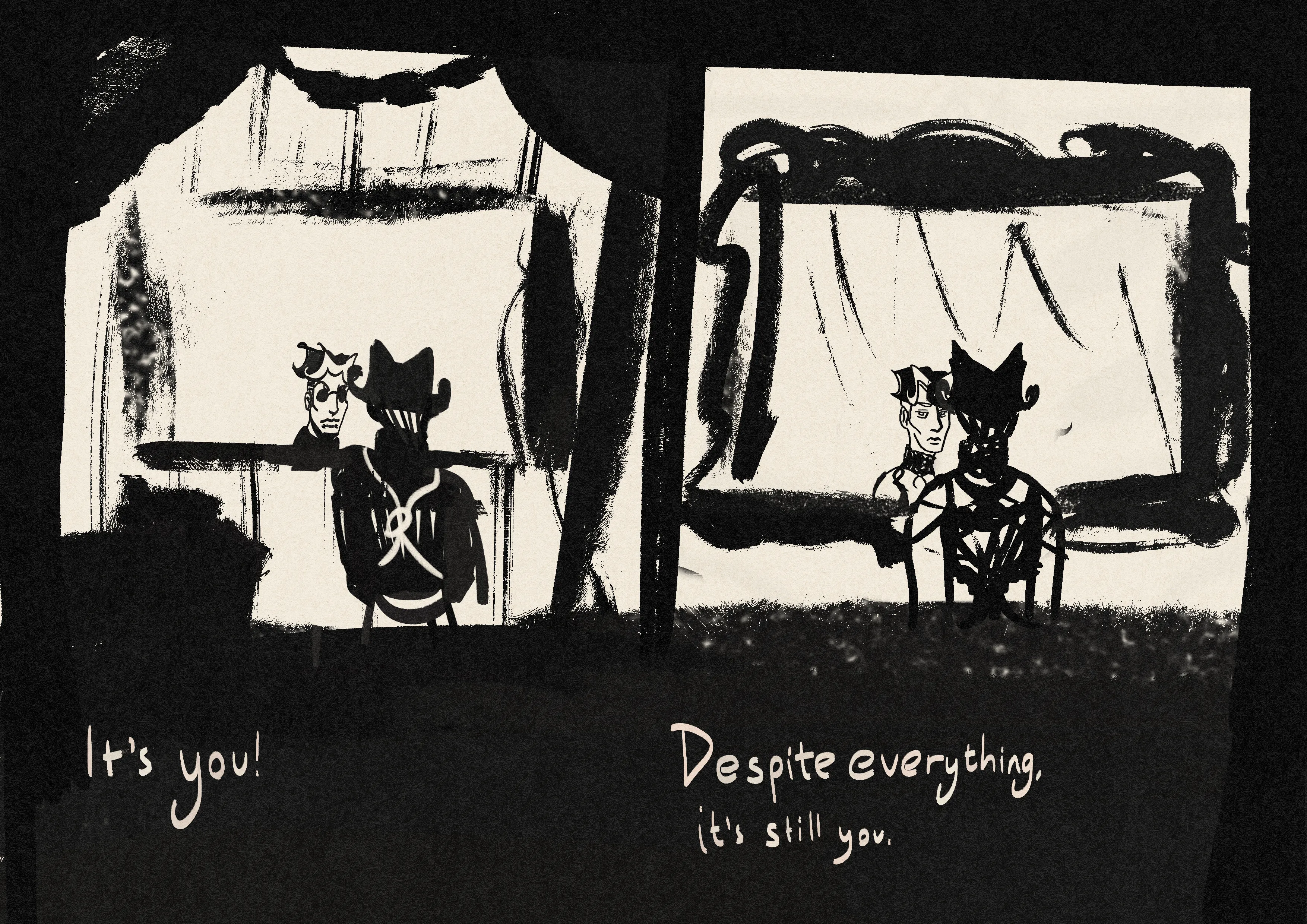 Two-panel comic page, akin to the Undertale scene. Mat looks in a mirror two times, once as themselves, and once as Manikin. The second mirror is one of Hugo's ornate antique mirrors. The captions read: 'It's you!' and 'Despite everything, it's still you.'