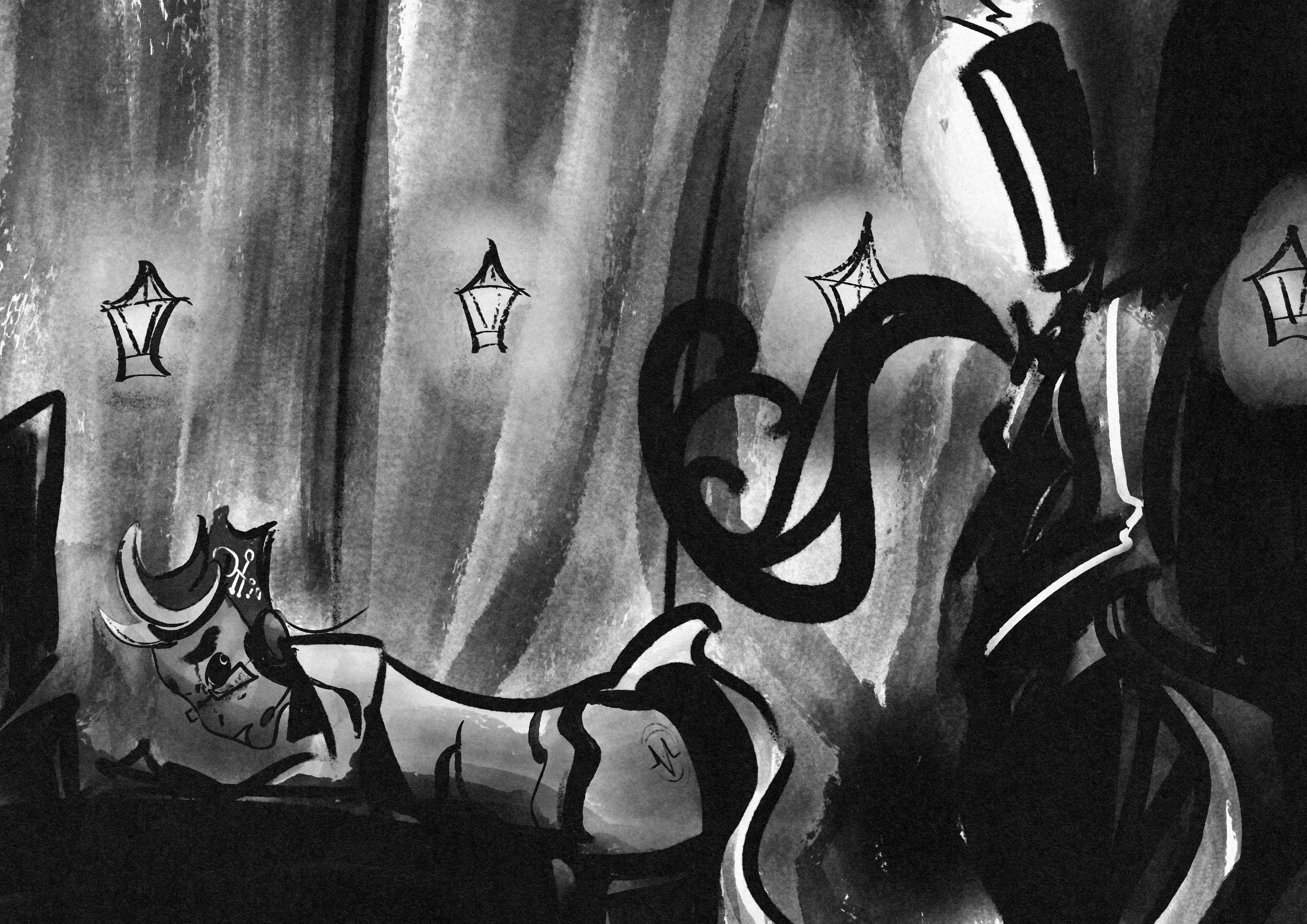 black and white sketch. aligned with a famous shot from the movie secretary, vox has his assistant demon bent over his desk, poised to spank him.
