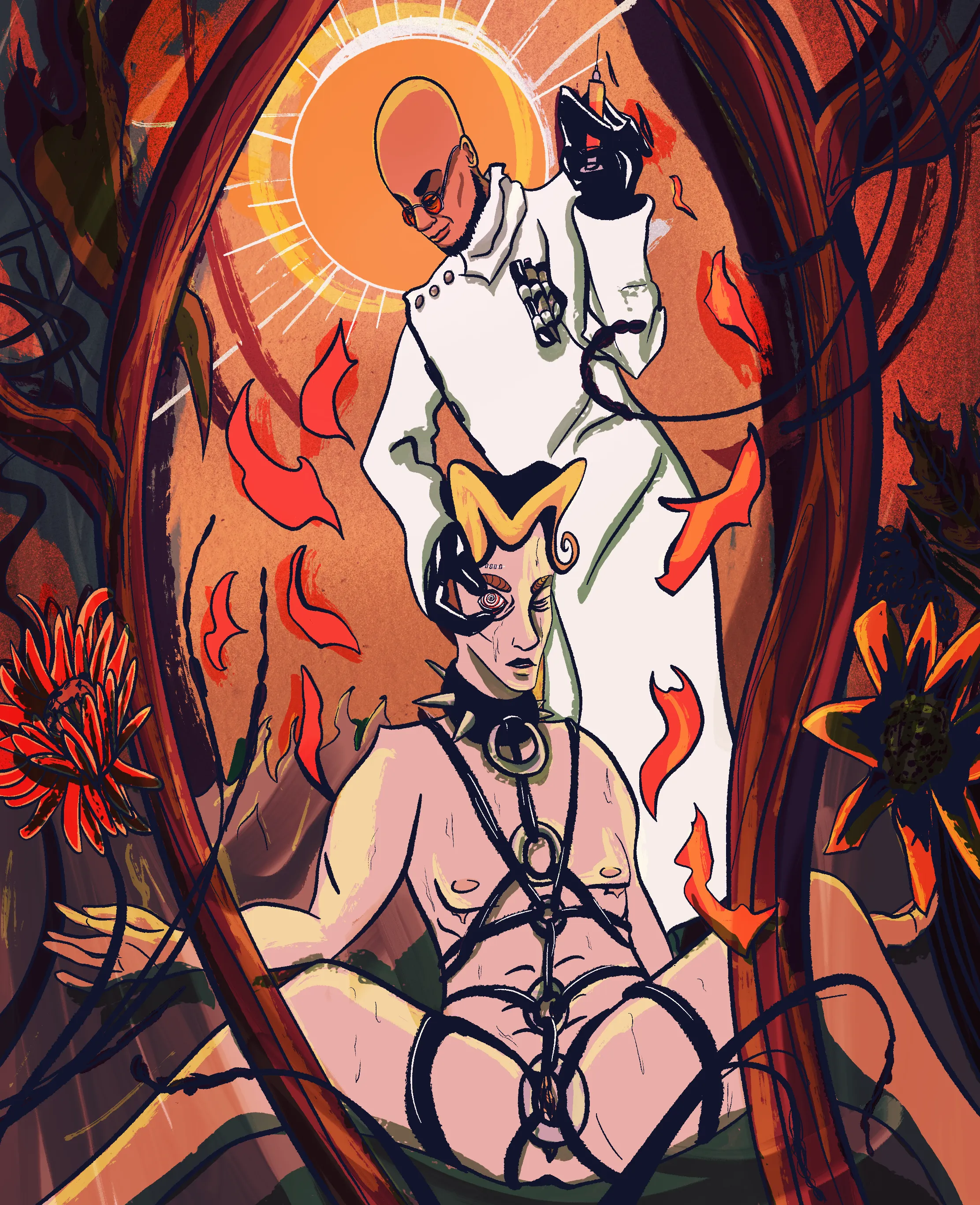 Hugo and Mat in a fantasy autumnal scene, with some art nouveau stylings. The sun beats behind Hugo's head, angelic. Hugo is in his labcoat and holds a syringe, dripping an unknown red substance that turns into leaves. Mat's legs and arms are spread out; they are sweaty and naked save for a bondage harness. Hugo holds one of their eyes open - swirled, brainwashed. They have a surgery scar on their forehead.