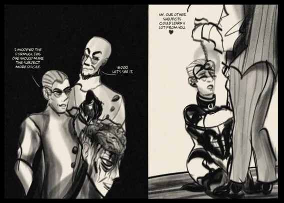 Panel 1: Dollthing and Hugo Strange in matching lab coats, with a black background. They stand behind a subject with their skull sawn in half, brain exposed, bleeding profusely. Dollthing injects something into their brain. Dollthing: I modified the formula. This one should make the subject more docile. Hugo: good. Let's see it. Panel 2: Hugo, standing, head out of view, has Dollthing hypnotised with a pocket watch, while they jack him off through the fly of his suit pants. Dollthing wears some lacy lingerie, but is still bespectacled, to absolutely no effect (the pocket watch is too high to be seen in the lenses of their glasses). Hugo: my... Our other subjects could learn a lot from you. ❤️