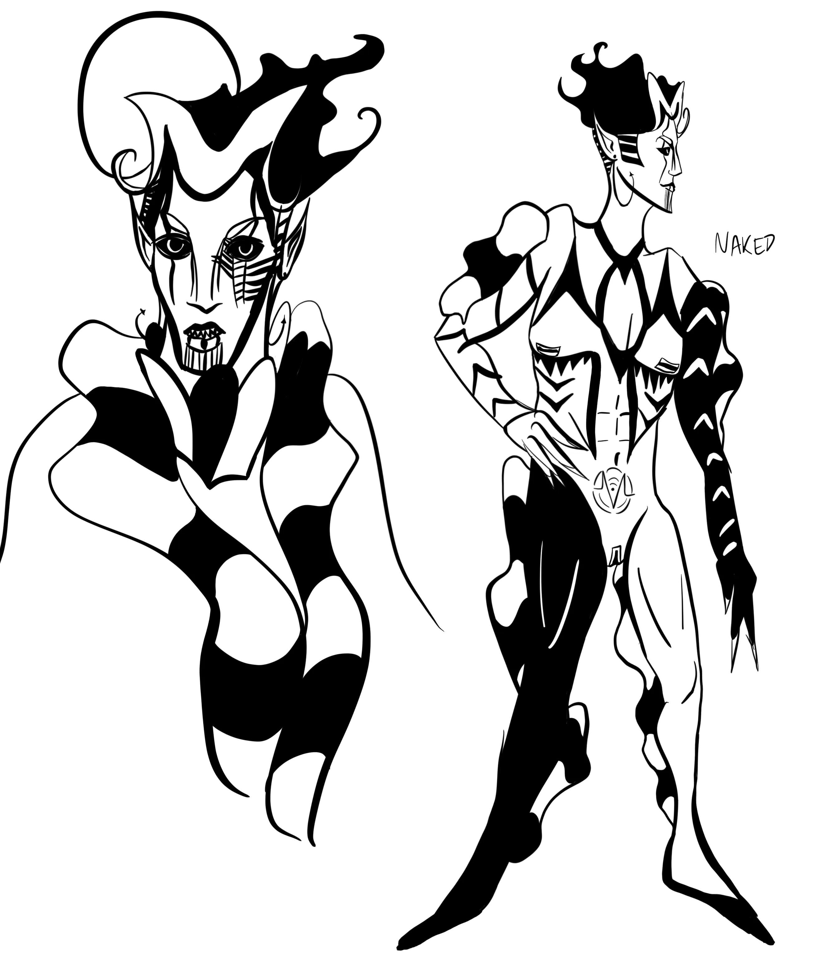 Bust and full body of my OC Fisheye with their major details on show. They are black and white and stripy like a pilot fish. They have a barcode on their chin, sharp teeth, and complex facial markings. Their hair has a white 'halo' behind it (really more like an anglerfish bulb) and floats off as though perpetually submerged in water. They wear fishhook earrings and have sharp ears. The full body drawing shows their markings, a VoxTek womb tattoo, electronic port nipples and pussy, and sharp claws, as well as fins running all over their body.