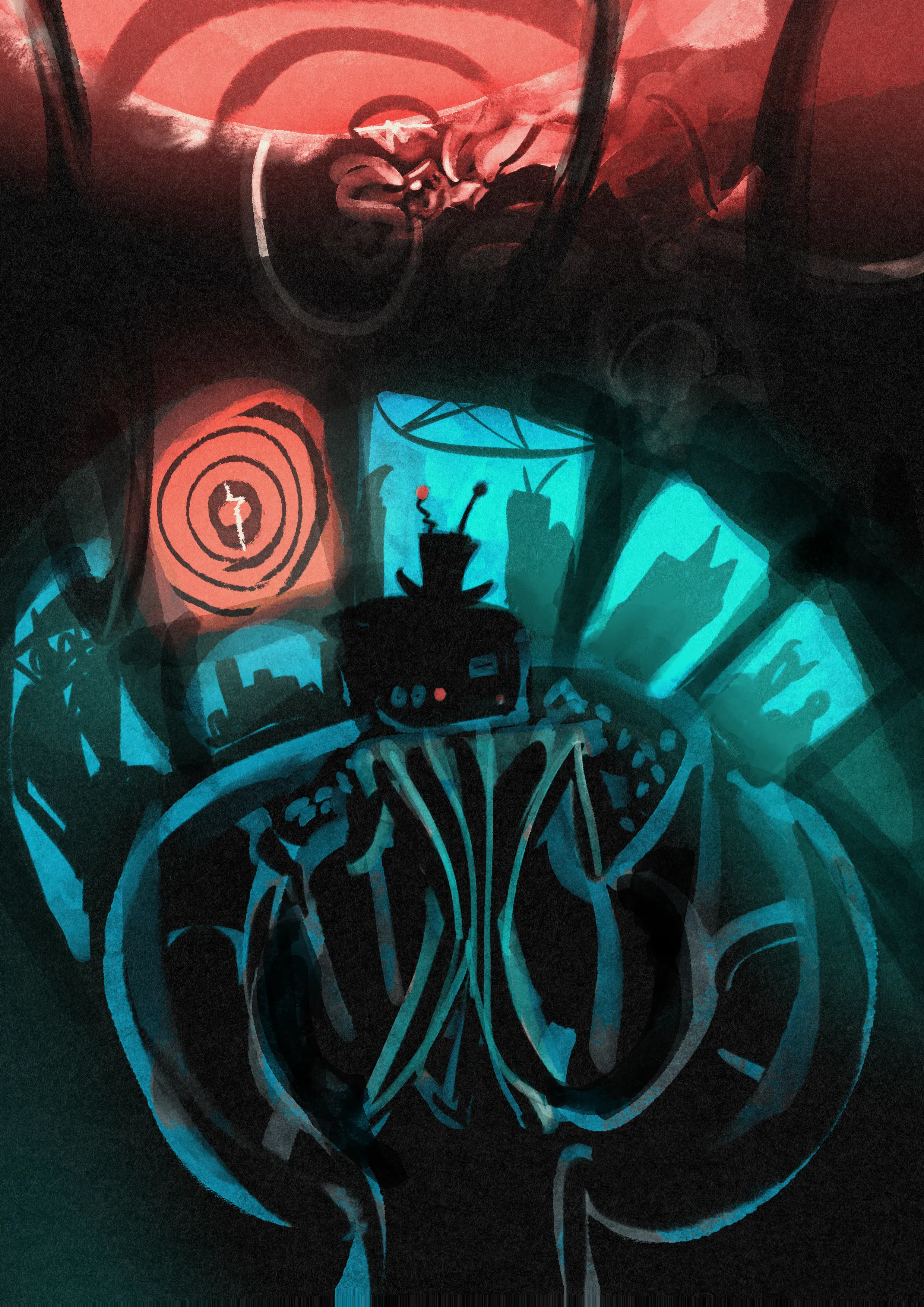 It's Vox in his TV room with a mystery demon (Fisheye, my OC) suspended by wires to the ceiling, with a big spiral playing on a ceiling monitor. They're transfixed and filled with wires - in their mouth, ears, and the socket on their groin. The atmosphere is gloomy.