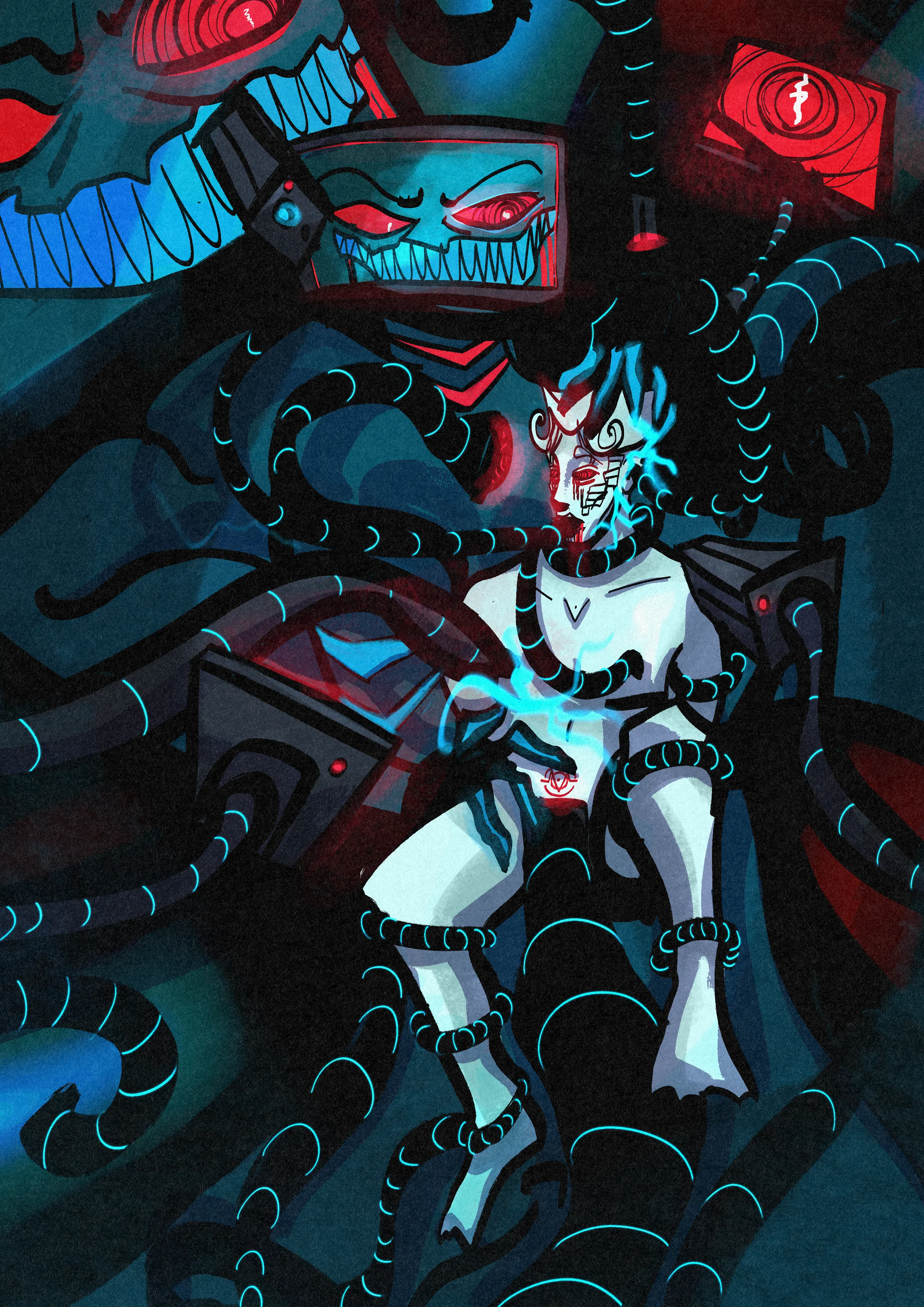 it's my oc getting fucked by 'eldritch' vox, with multiple screen 'heads', and whose body is just a mass of glowing blue/black wires, gills and shark muscle. there are cameras and screens all around them, they're restrained by his wire tentacles, and there is the classic hypno tentacle displaying vox's spiral right in front of their eyes, entrancing them. their nipples are being stimulated, their mouth full, their ear fucked. they have a port at their crotch with a huge 'cable' plugged into it, and a glowing voxtek 'womb tattoo' (though whether they have a womb is questionable).