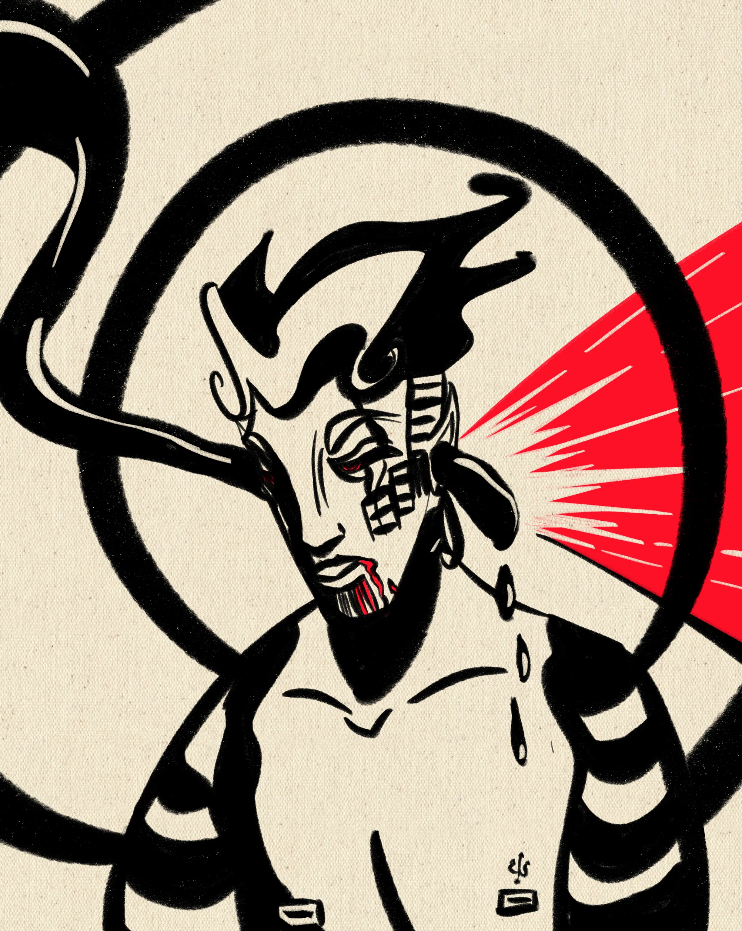 It's my hazbin oc fisheye getting earfucked by a shiny black, dripping tentacle. Blood drips from their mouth and their eyes are red. A red graphical starburst in the background explodes out of their ear. Their usb port nipples are on full show!