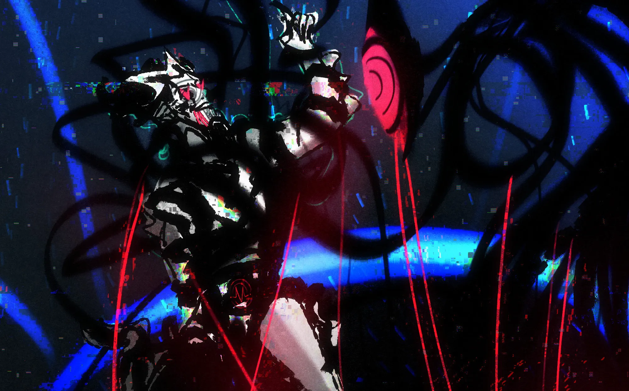 it's eldritch vox and fisheye in a vague, glowy, glitchy environment. he only has the one head, a pulsating spiral screen. fisheye is tied up in vox's many many cable tentacles. their voxtek womb tattoo is visible. they're grinning and bleeding from the mouth. blood lines/dead pixels bleed down from vox's tentacles.