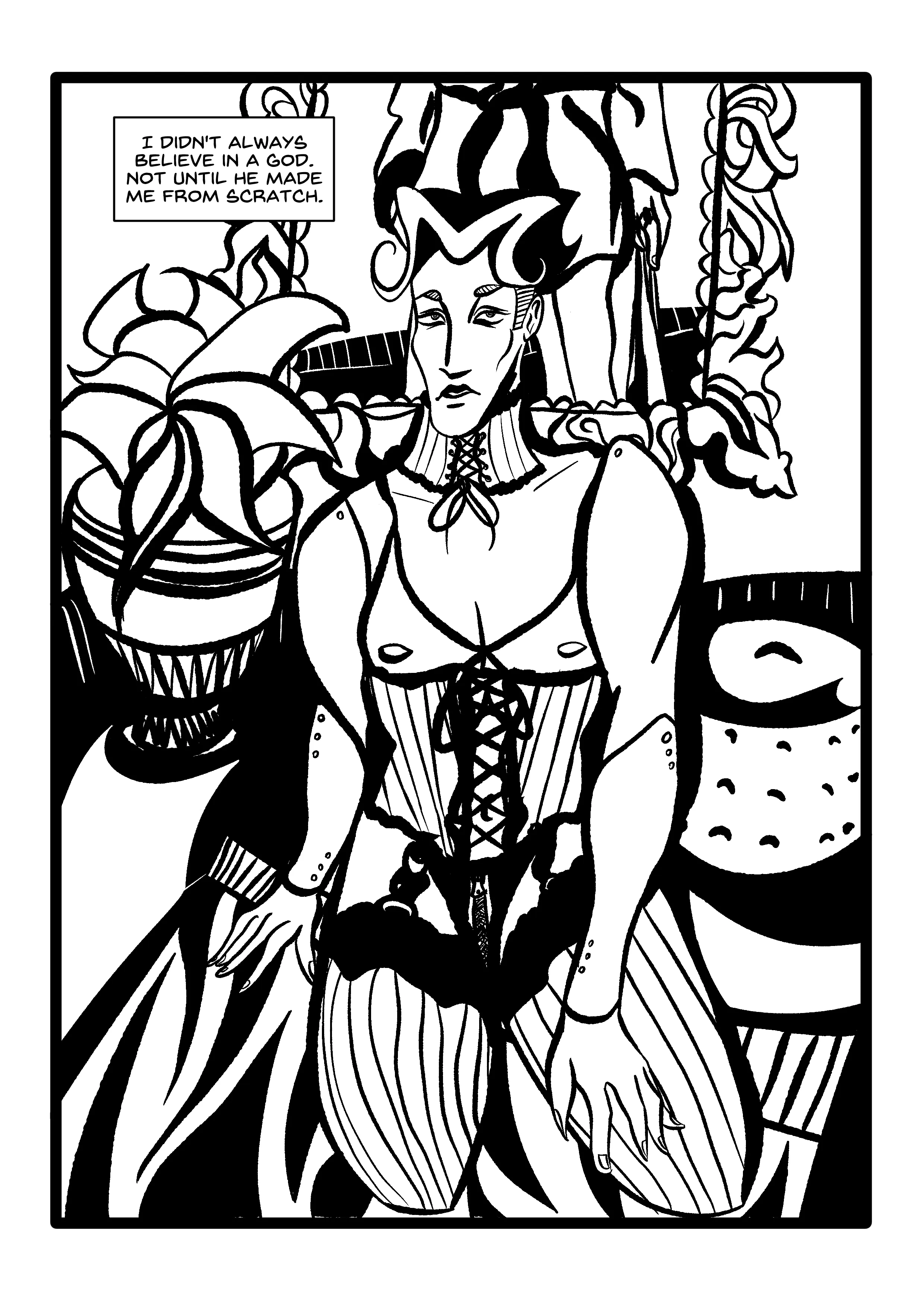 NARRATION: I didn't always believe in a god. Not until he made me from scratch. FULL PAGE PANEL: Manikin is now kneeling invitingly in lingerie and stockings upon a tiger print rug, next to two other objects (houseplant and ottoman). They have plastic joints like a doll. In the lavish/tacky mirror behind them, Hugo Strange in a dressing gown, wielding a baseball bat.