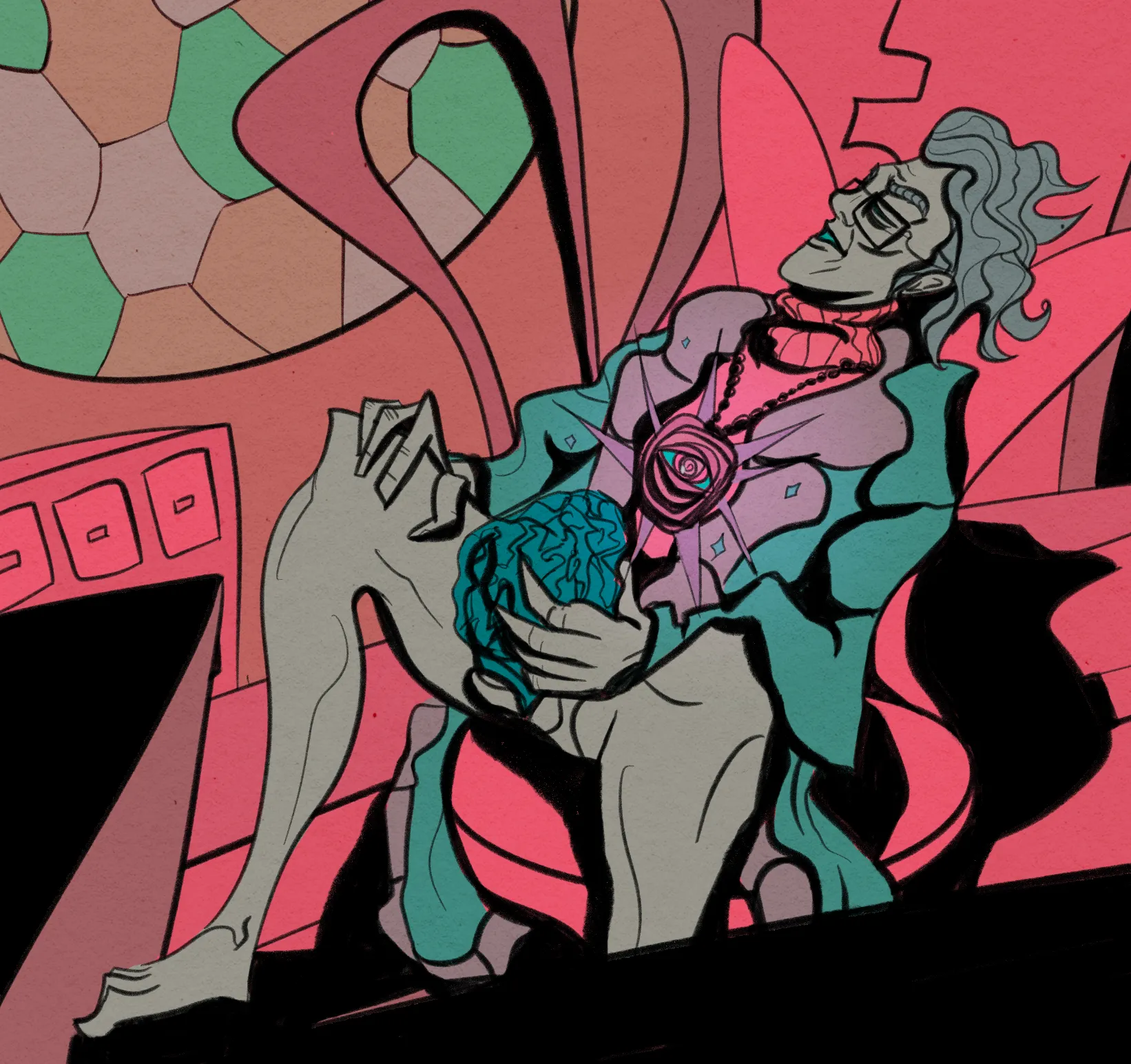 it's otto mentallis from psychonauts having a 'private moment' with a brain in his lab. that is, fucking it. he's leaning back in a big chair, with the brainframe looming behind him. this version has a pink/green/blue colour palette with a lot of hues having been flipped from his normal palette.