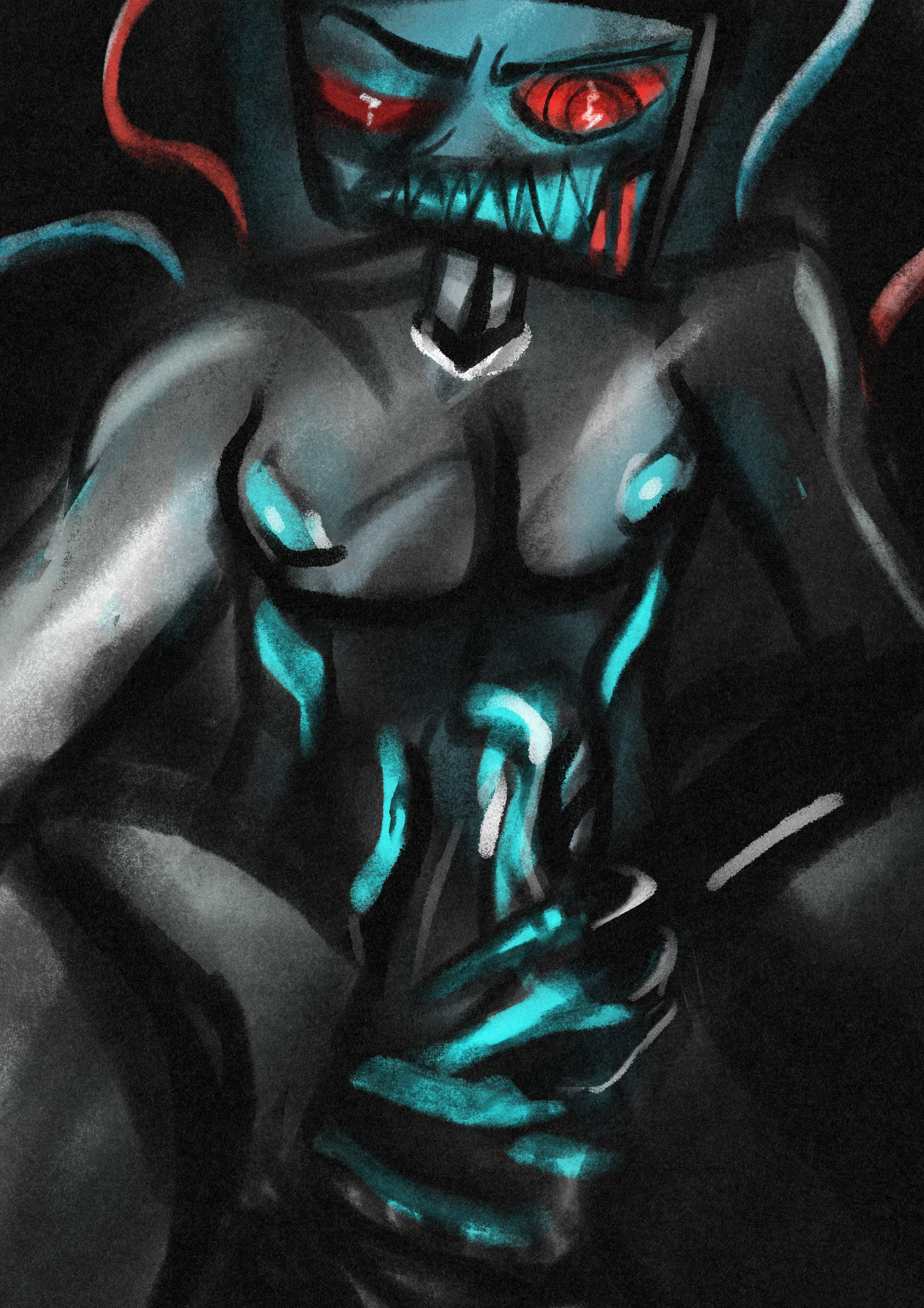 It's Vox from Hazbin hotel! He's naked, with glowing nipples and an erect cock dripping glowing blue cum. The angle is positioned so the viewer is lower than Vox and as close as possible to his cock.