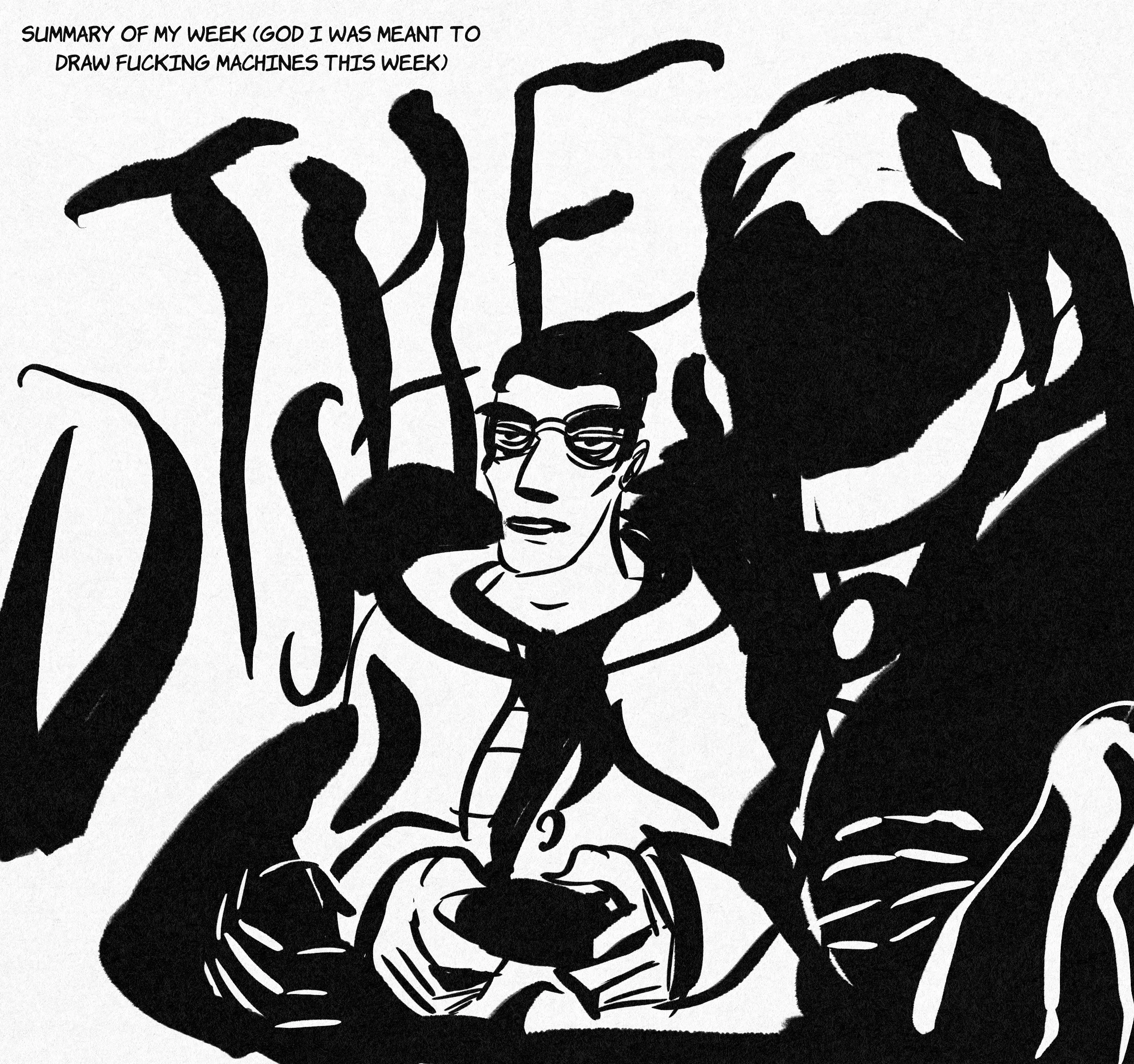 caption: summary of my week (god i was meant to draw fucking machines this week). the author holding a game console controller being embraced by a grim reaper type while staring blankly forward. in the background, letters forming the word 'THE DISHES' in a melty style.