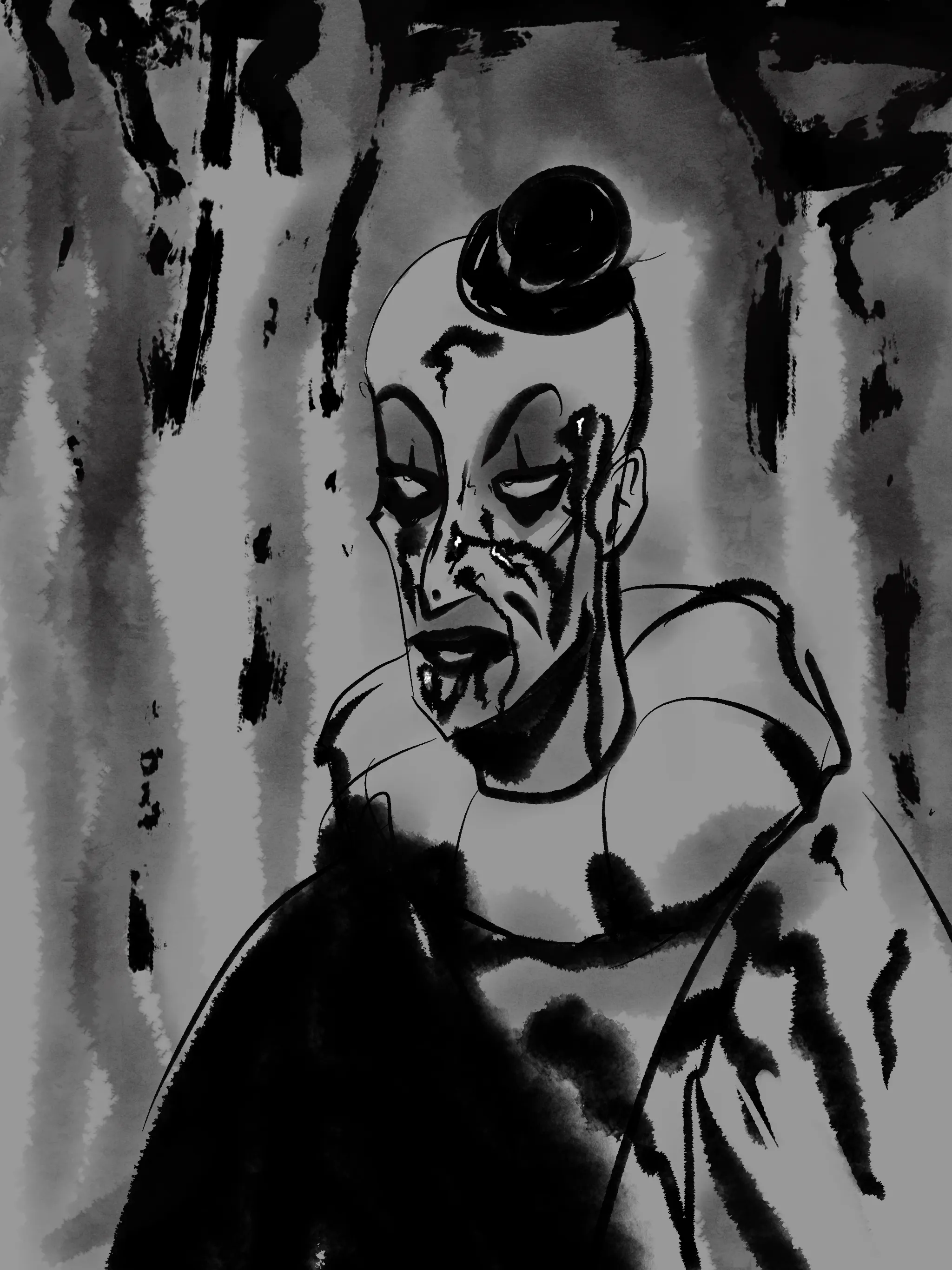 Black and white/grey ink sketch of Art the Clown, his face and clown suit splattered with blood.