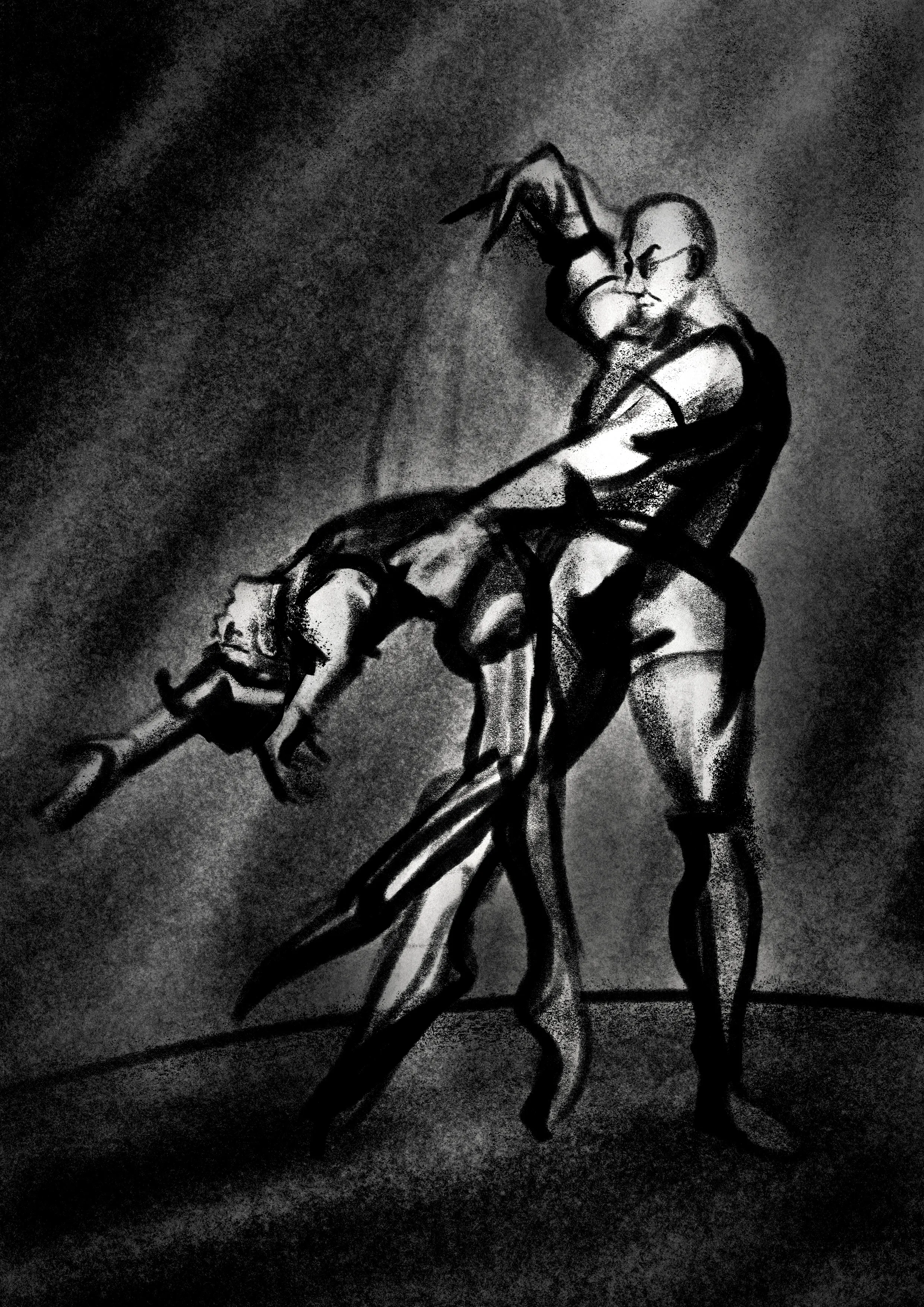 Black and white digital charcoal portrait. Hugo and Mat are doing ballet together.