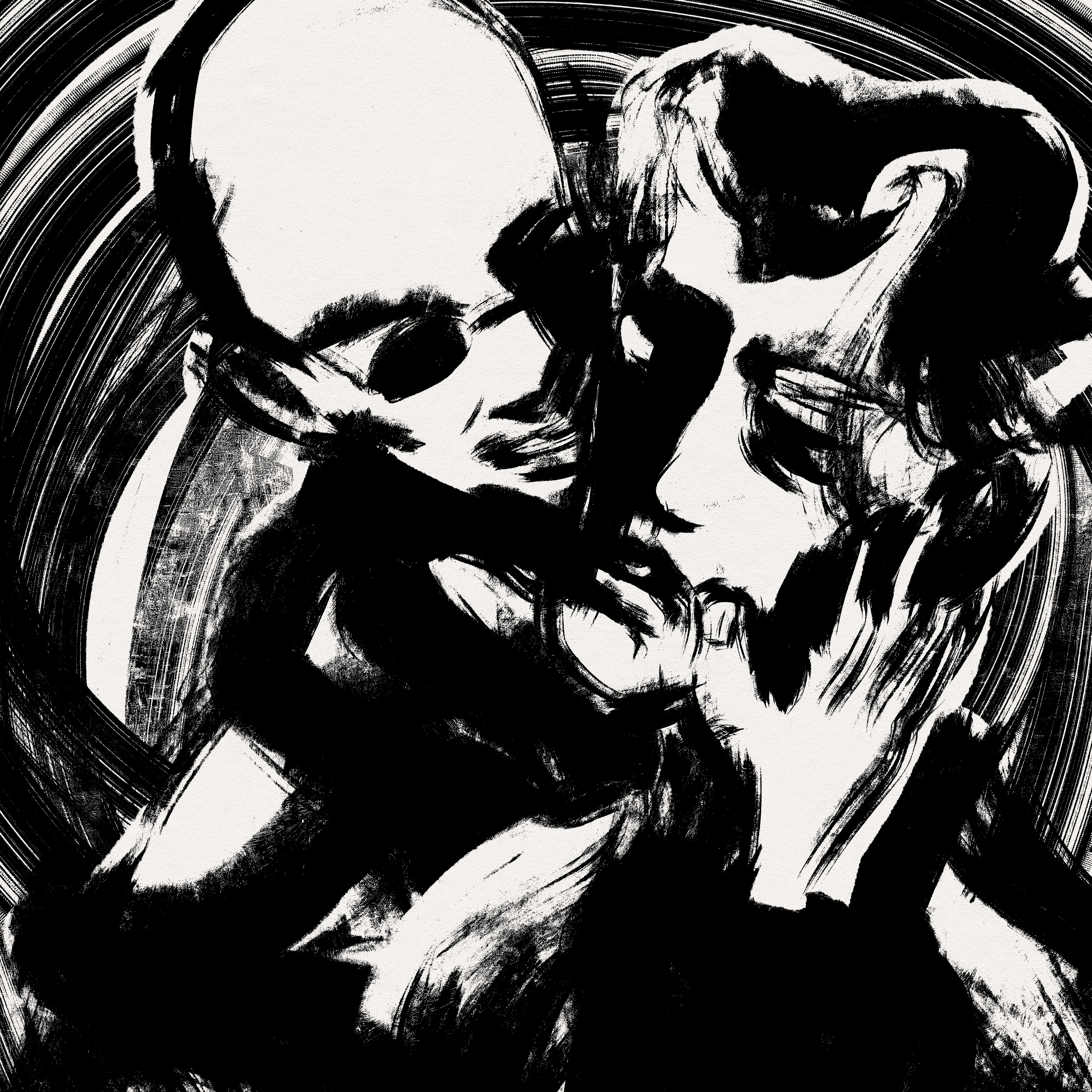 Dirty digital ink sketch with huge raked ink brush. Hugo whispers sweet nothings to Mat.