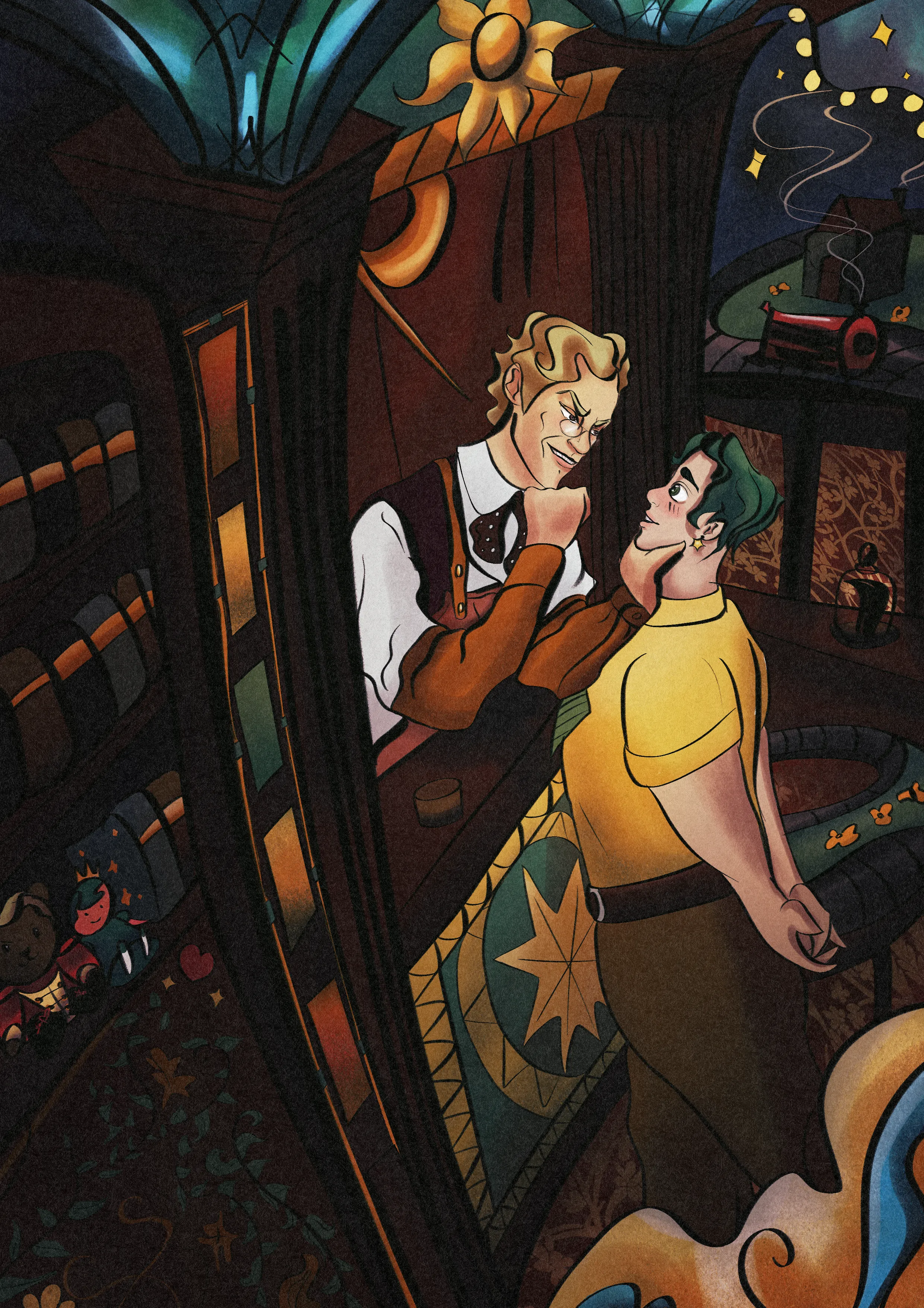 A full-colour picture for a loved one, Star, a green-haired sweetheart! The Toymaker from Doctor Who (Neil Patrick Harris version) grasps their chin in his toyshop, leaning over his counter.