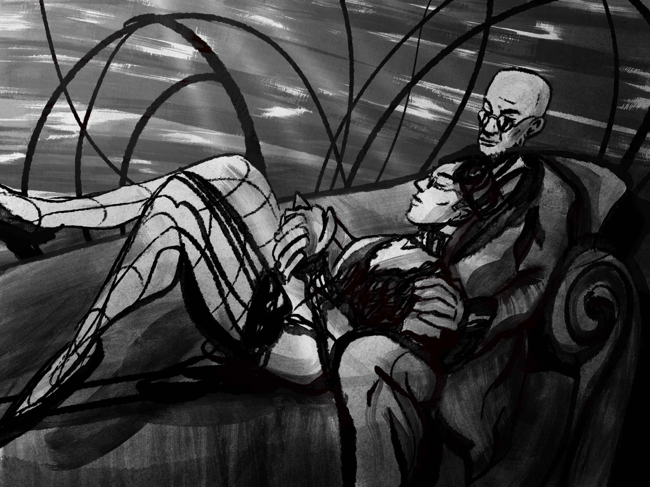 Black and white sketch. Hugo and Mat cuddling on a couch, but the atmosphere is gloomy and forlorn.