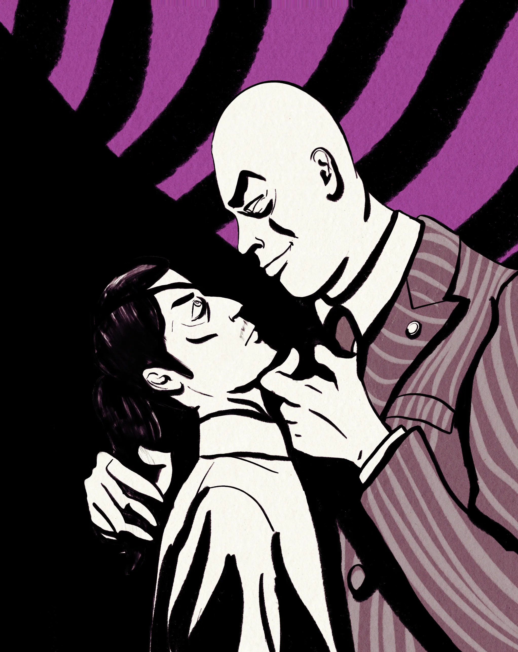 Black and white Yakuza 0 sketch with spiralling purple backdrop. Shimano tilts the chin of an exhausted, frightened Majima with a malevolent smile.