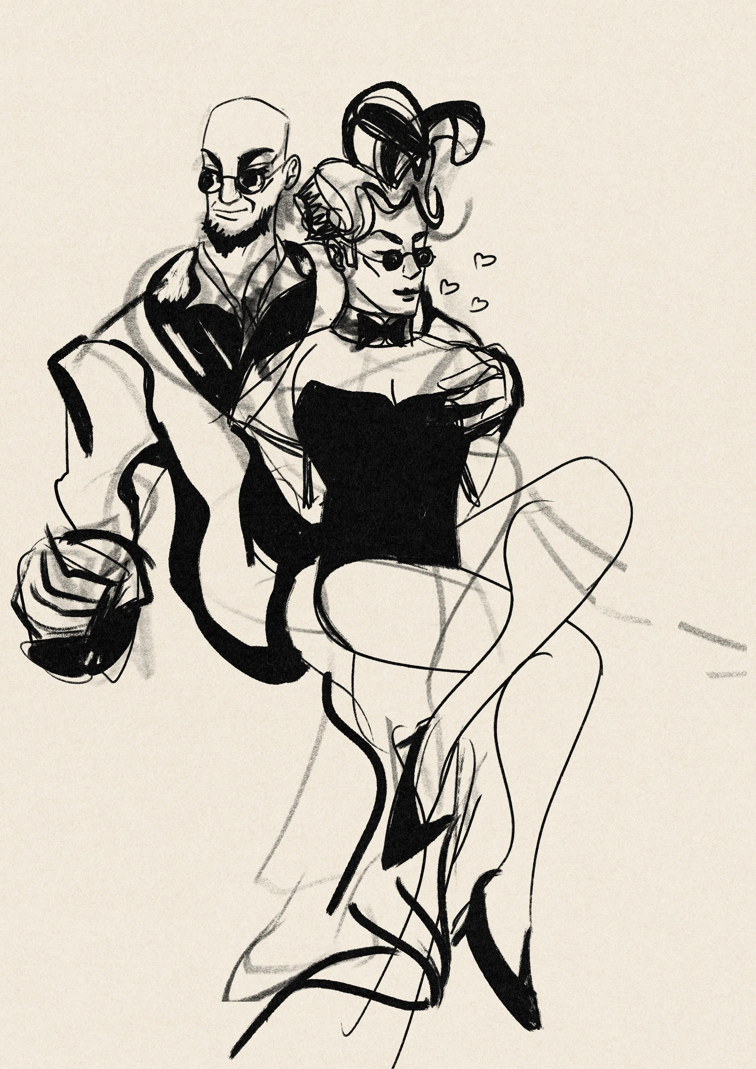 Unfinished black and white sketch. Hugo sits with a glass of spirits in one hand and an arm round Mat, who is sitting in his lap wearing a Playboy bunny costume.