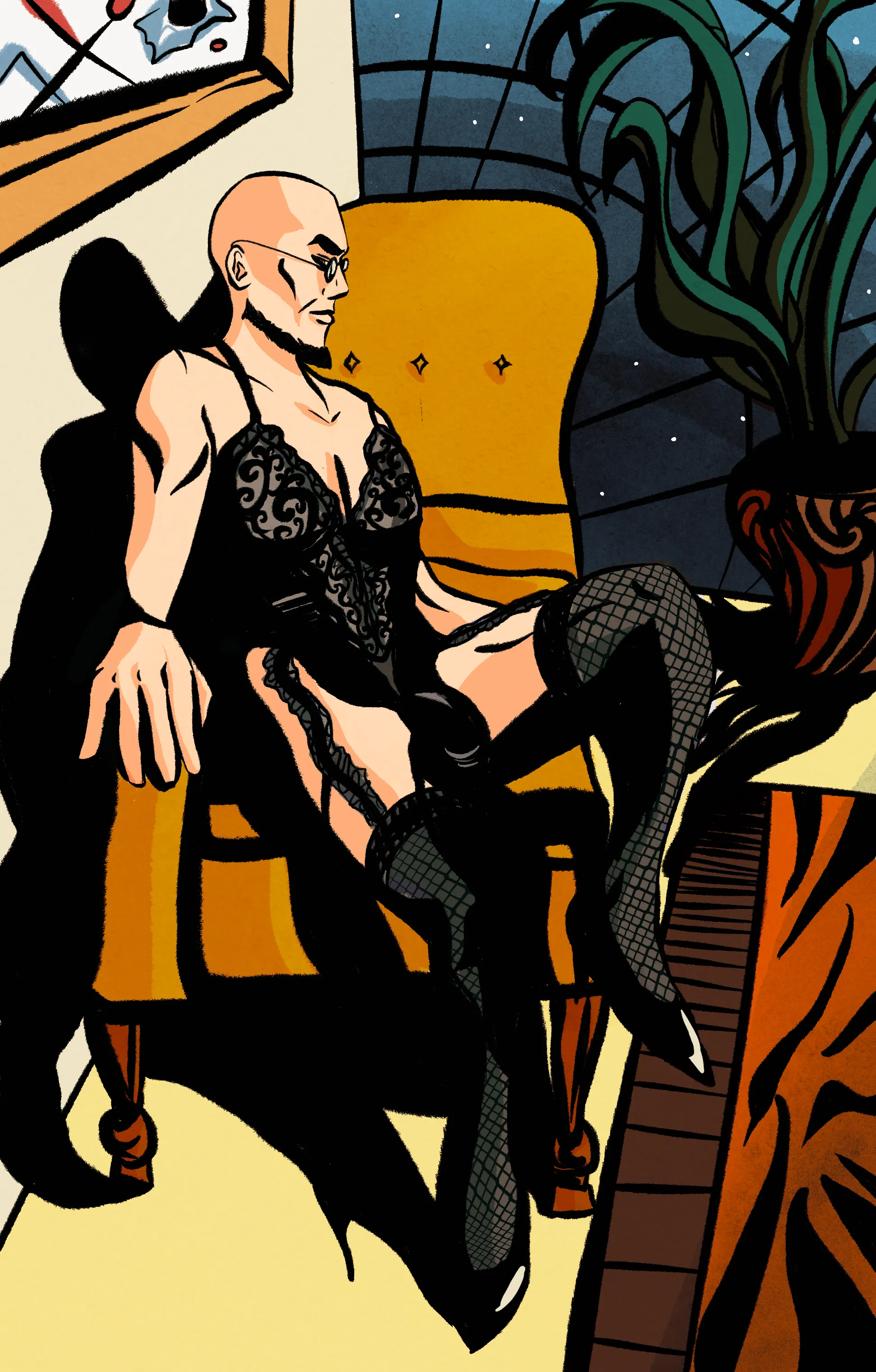 Full colour. Hugo AS one of his lingerie-clad manikins, in a mildly suggestive pose.