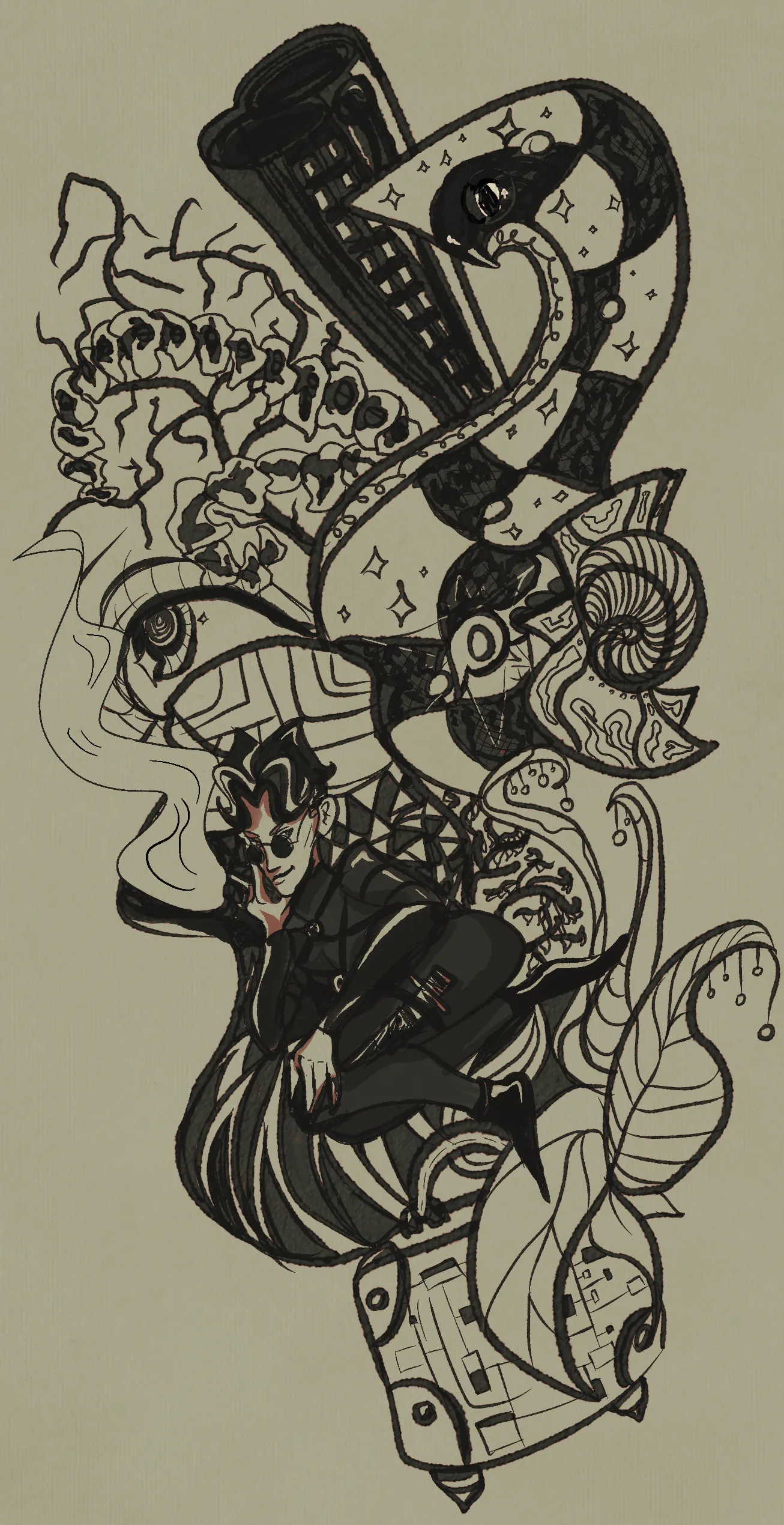 A limited palette, inked 'collage' style of psychedelic interlocking patterns, half-there shapes (cat's eyes? snake eyes? flowers?), with Mat sitting in the middle smoking a cigarette and striking a cute pose.