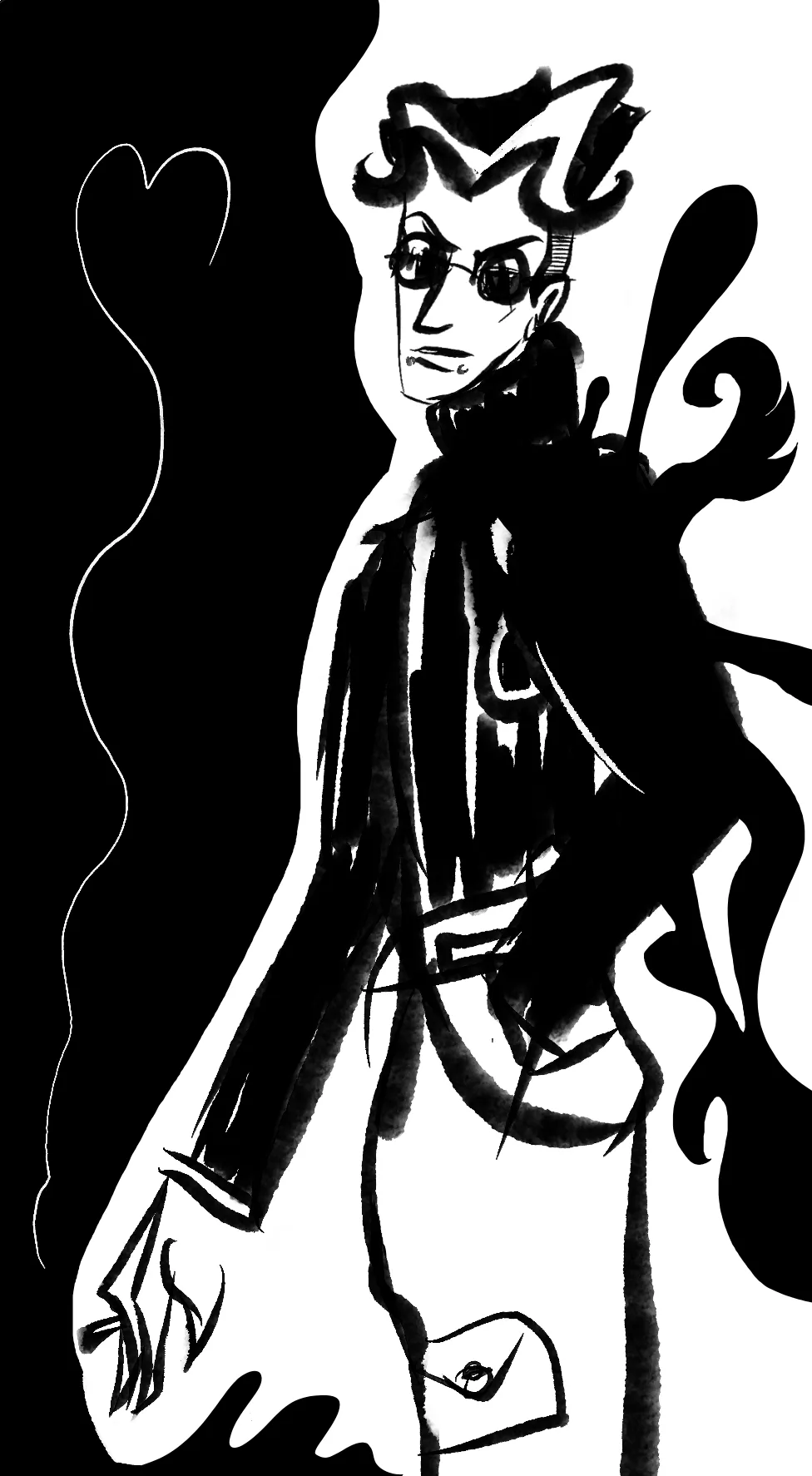An ink sketch with Mat standing and smoking a cigarette. The ink is bleeding into shapes creating 'wings' behind them.