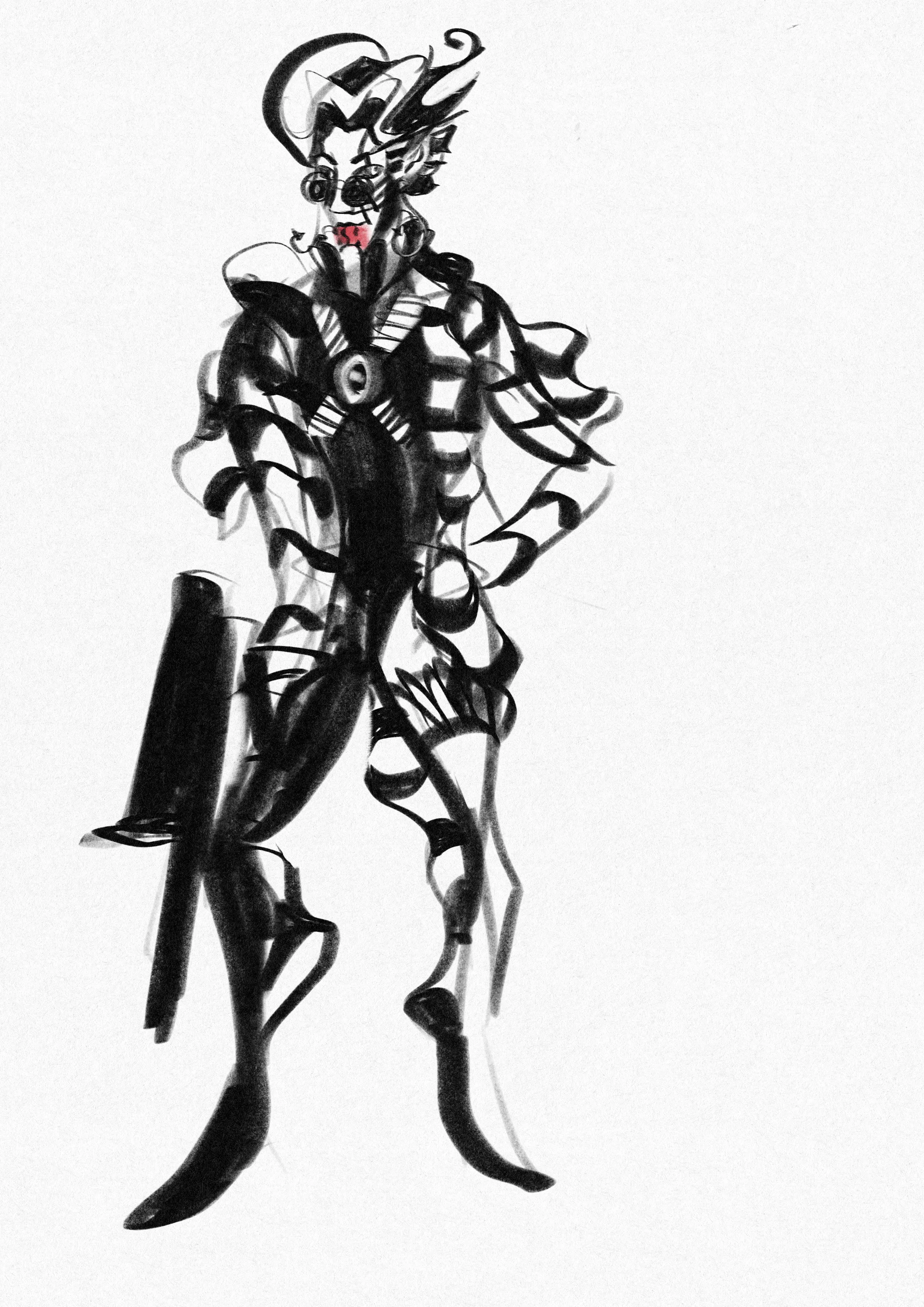 Fisheye, the version of Mat belonging to Hazbin Hotel. Fisheye is a pilotfish demon, covered in mesmerising black-and-white stripes. They have a fishhook earring and flowing, 'underwater' style hair.