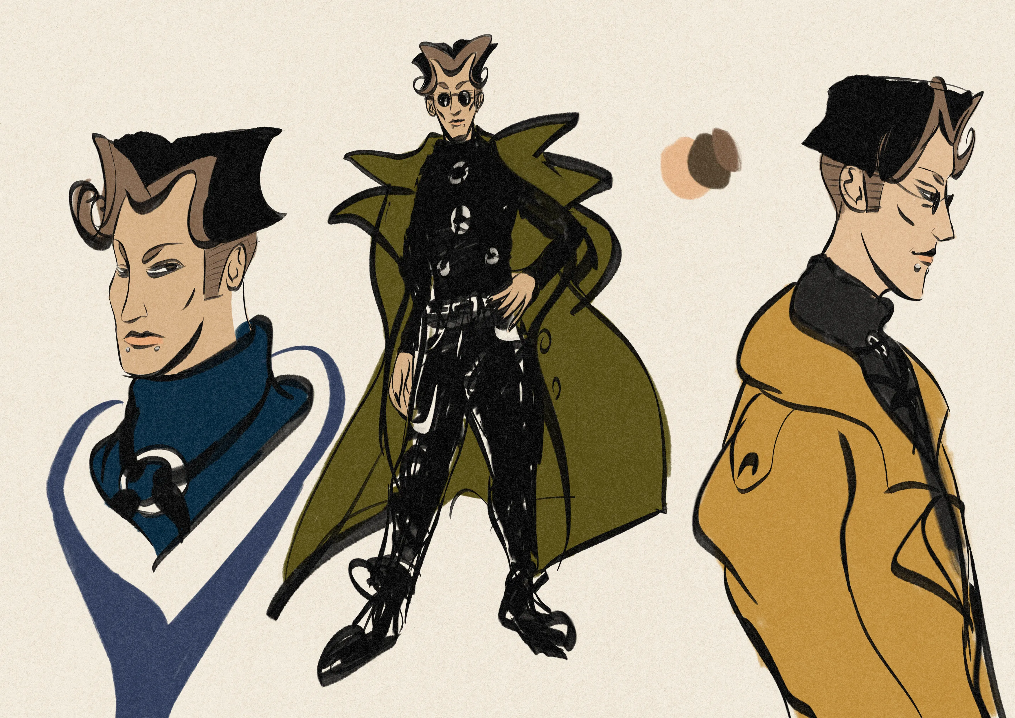 A simple reference sheet of Mat. mat has pale skin and brown undercut hair with bangs in the shape of an 'm', with lighter brown highlights towards the front of their hair. they have grey-brown eyes. they wear full-moon reflective shades and sometimes also have snakebite piercings. most of their clothes will be muted, greyscale or black, including when they're in lingerie. they are 5'7 and have a toned, light and masculine build.