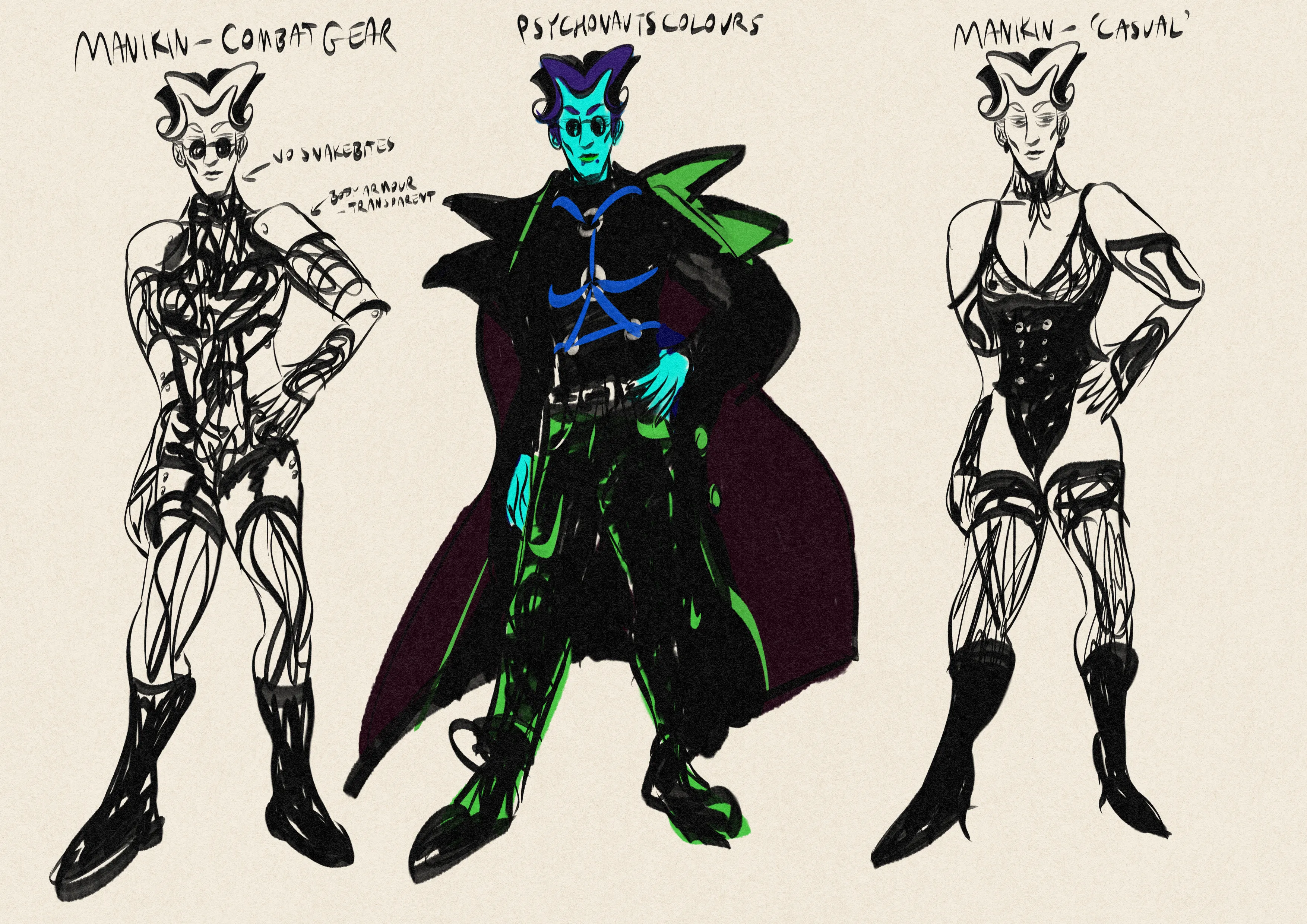 Outfit variation references for Mat - lacy lingerie and skimpy combat armour for Manikin, and a psychedelic colour scheme where they are blue for their Psychonauts version.