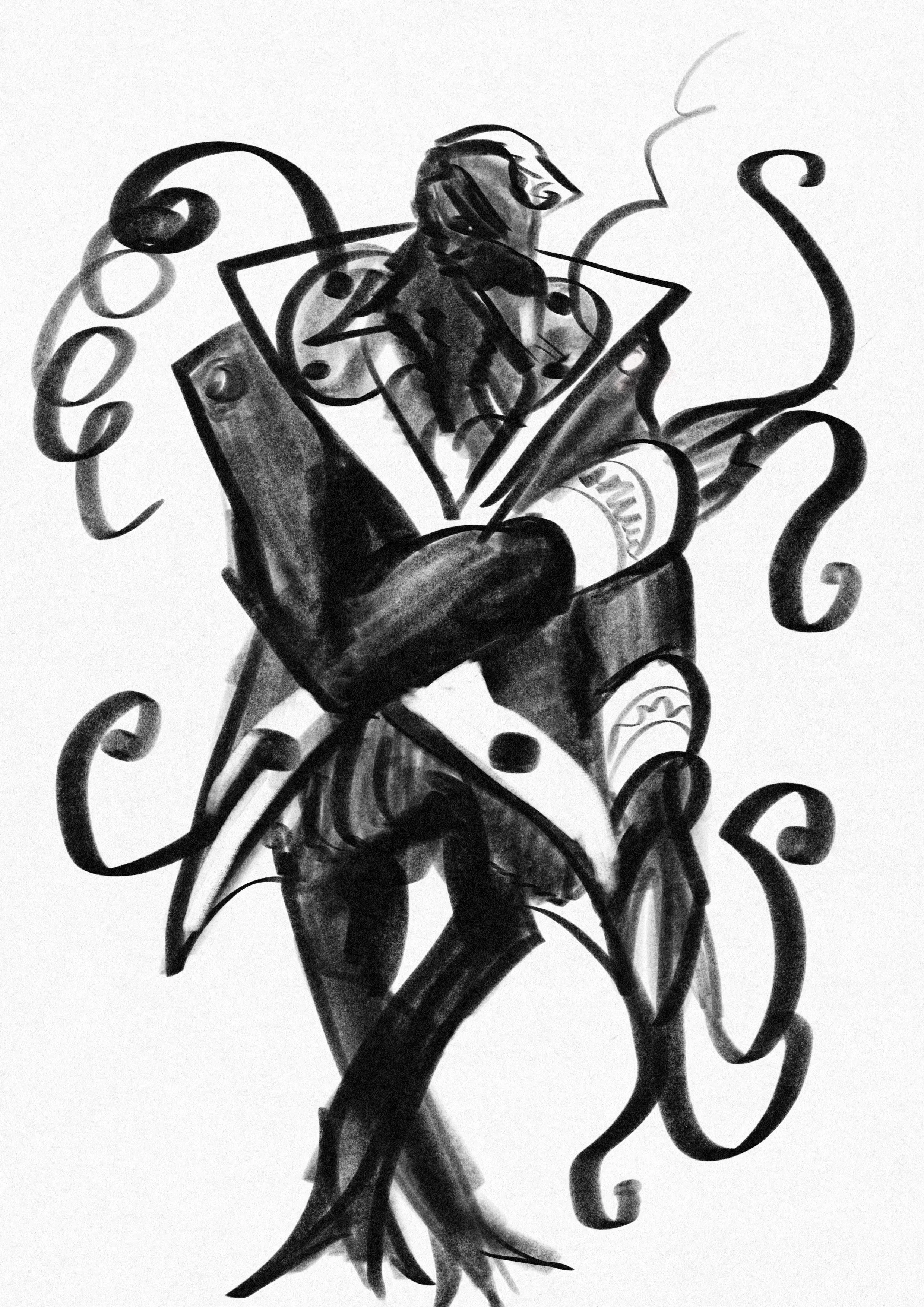 A black and white sketch of Max, a raven demon OC for Hazbin Hotel. Max's outfit is themed on cassette tapes with some nautical themes as well, and he has plastic tape tentacles. He also has notably a head of white hair (or perhaps additional feathers!) on top of his raven feathers.