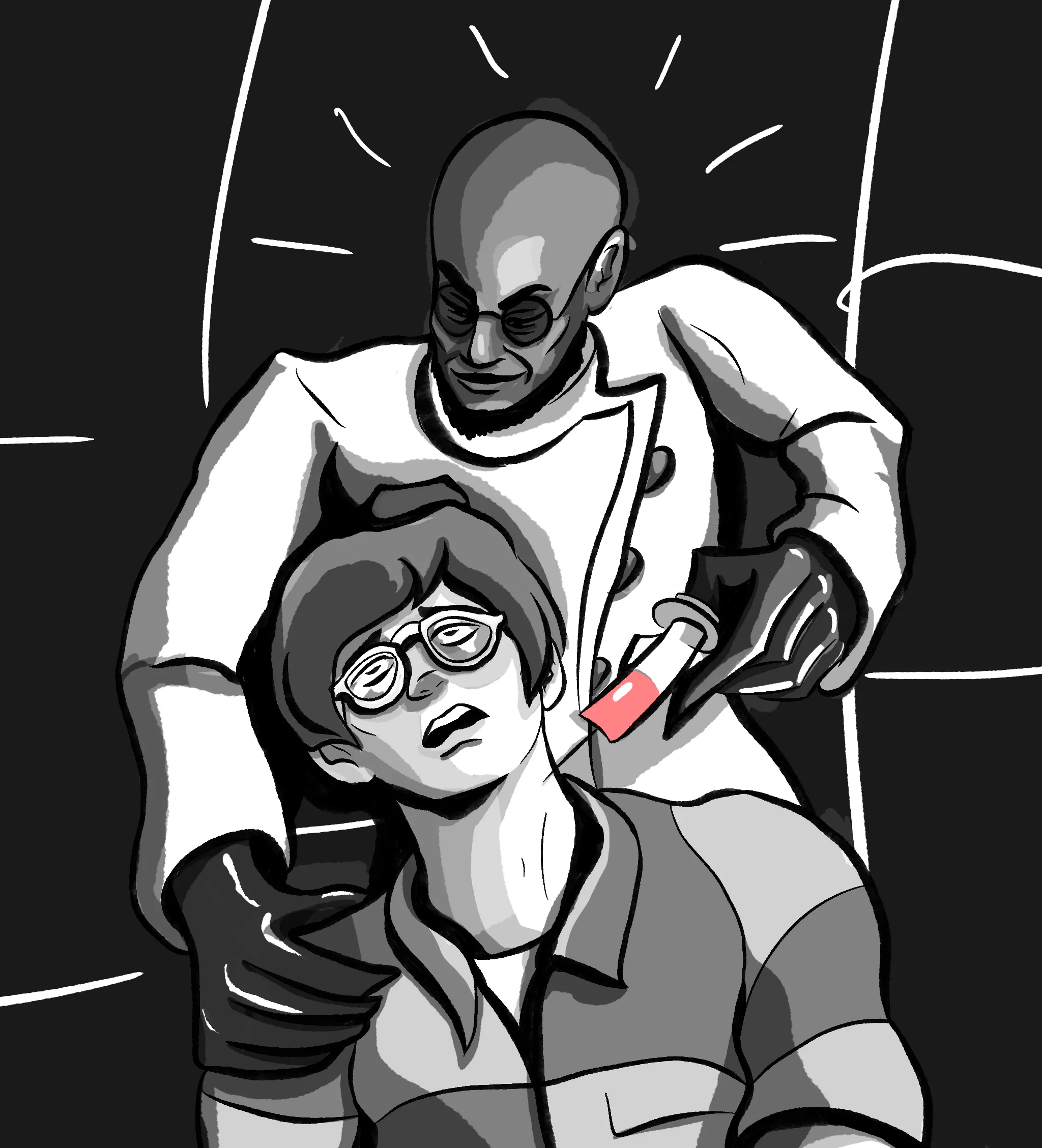 Hugo and Riddler in the Reevesverse. Hugo has a Giancarlo Esposito look about him, since he hasn't been cast yet. Riddler is in Arkham uniform; Hugo is injecting him with an unknown substance.