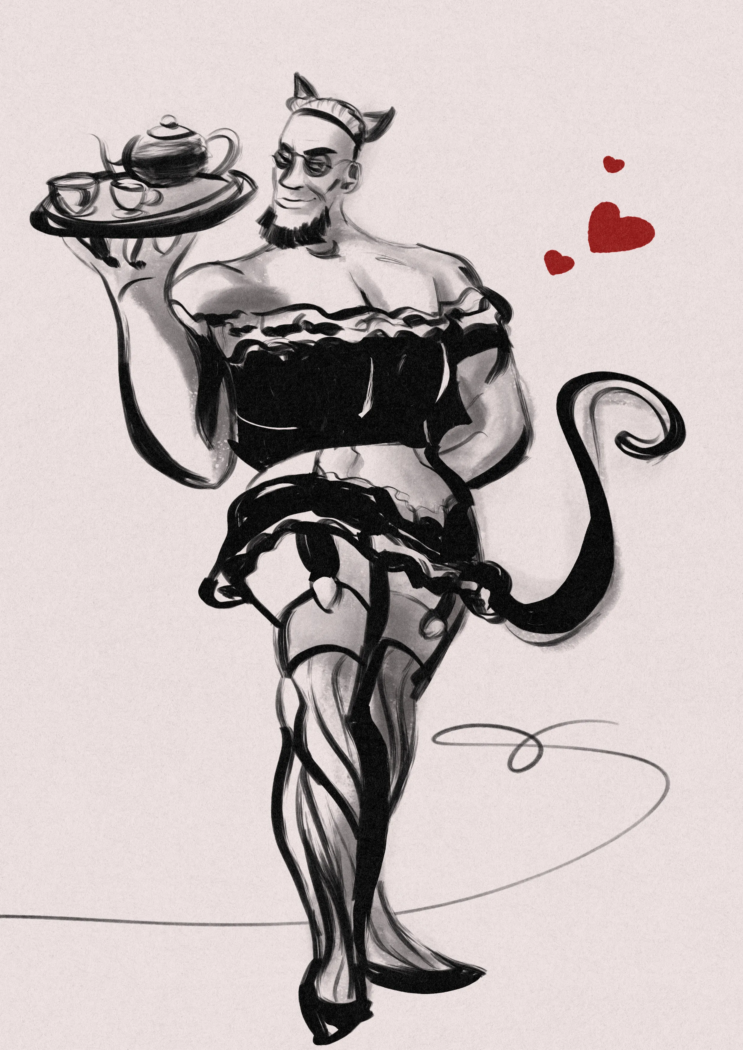 A big buff Hugo in a cute catboy maid outfit holding a tray of drinks.