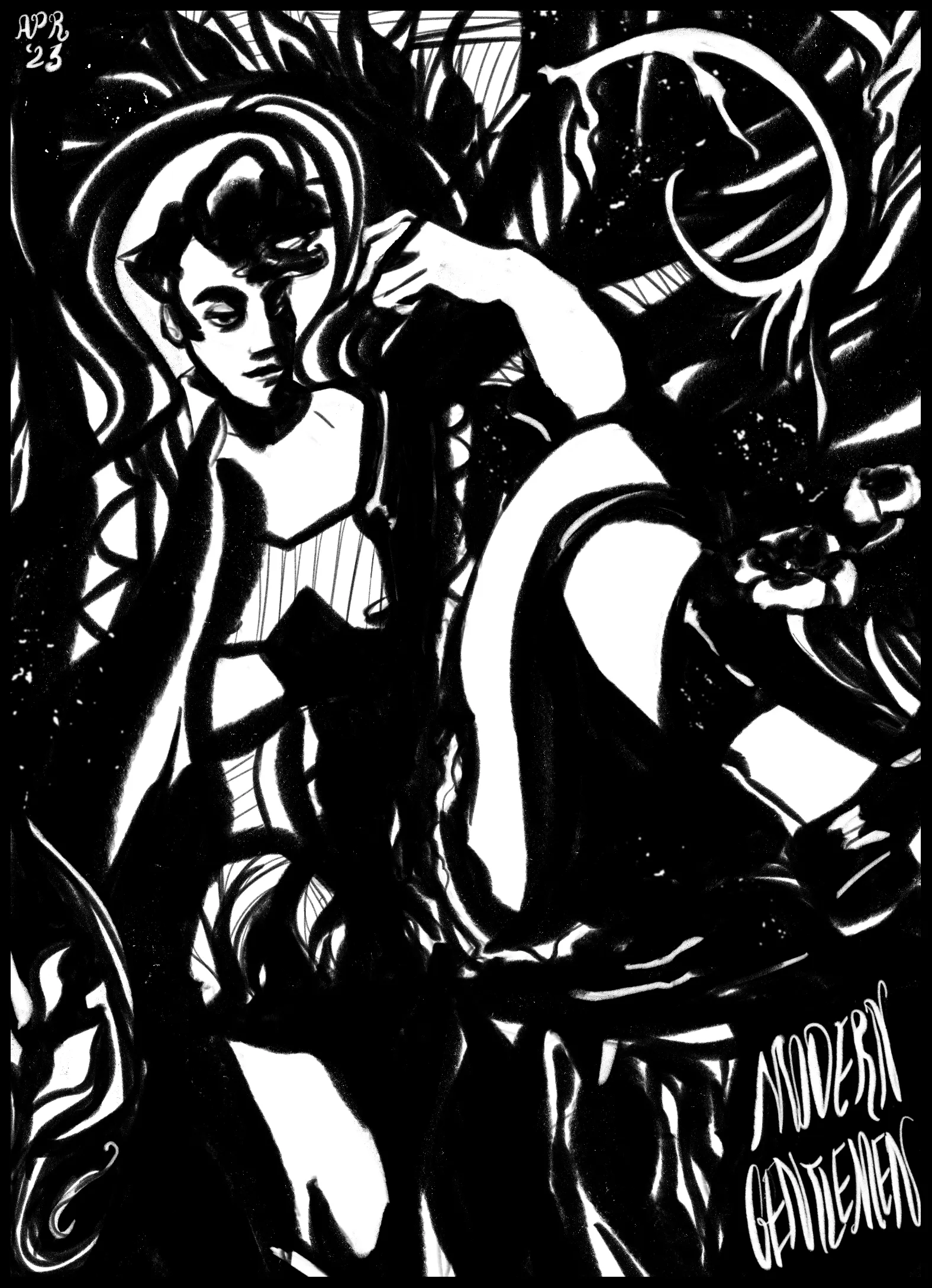 An inked sketch for the Marlowe Lune Modern Gentleman redraw competition - a beautiful 20s-style trans man posing artfully with a cigarette holder and nice sock garters. My own take is black and white with lots of interlocking 'unreal' patterns.
