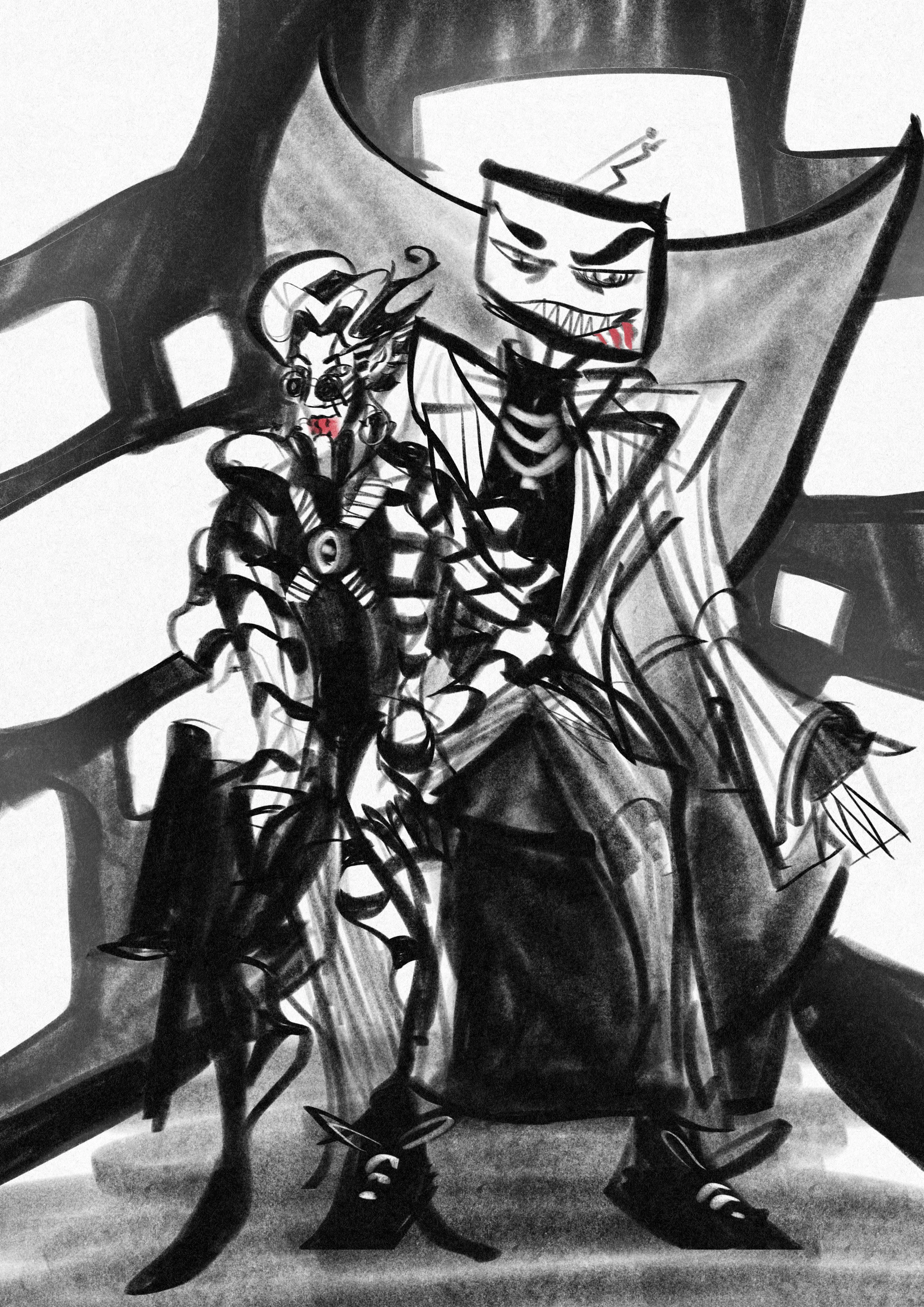 Greyscale sketch of Vox and Fisheye together in Vox's TV/surveillance room. Vox is much larger than Fisheye!