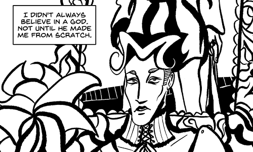 Cropped panel - a shot of Manikin and Hugo looming in front of them with a baseball bat. Caption: 'I didn't always believe in a god. Not until he made me from scratch.'