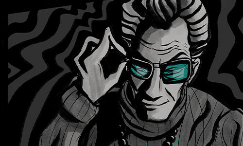 Otto looking down menacingly with a spiralling background. His glasses are blue, the rest of the scene is black and grey.