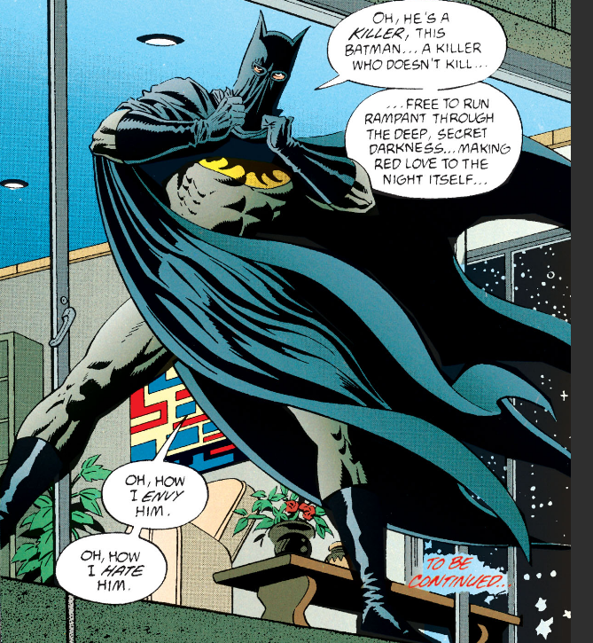 Hugo pulls on the Batcowl for himself, wearing a full homemade costume. He says "Oh, he's a killer, this Batman... a killer who doesn't kill... free to run rampant through the deep, secret darkness... making red love to the night itself... oh, how I envy him... oh, how I hate him..."