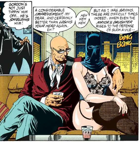Hugo is cosying up to a manikin dressed in Batman's cowl and lacy lingerie. He has a glass of liquor in his hand and has a smoking jacket.
