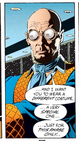 Hugo with a silk ascot and a blue and gold dressing gown.