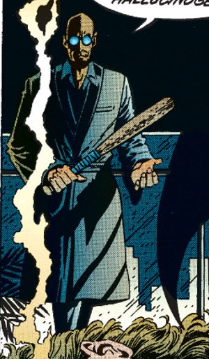 Hugo once again in a dressing gown, this time wielding a baseball bat.