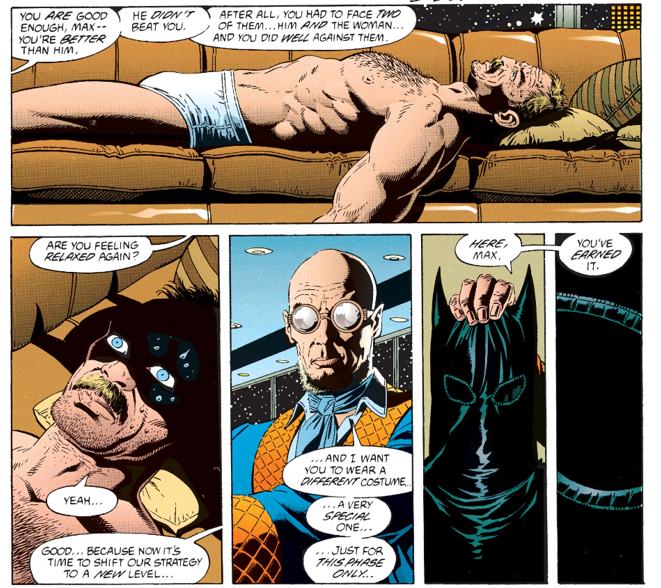 Comic scene. Hugo has Max hypnotised and lying on his couch stripped down to his underwear while he affirms his masculinity, before presenting him with his fun kinky Batsuit to wear.